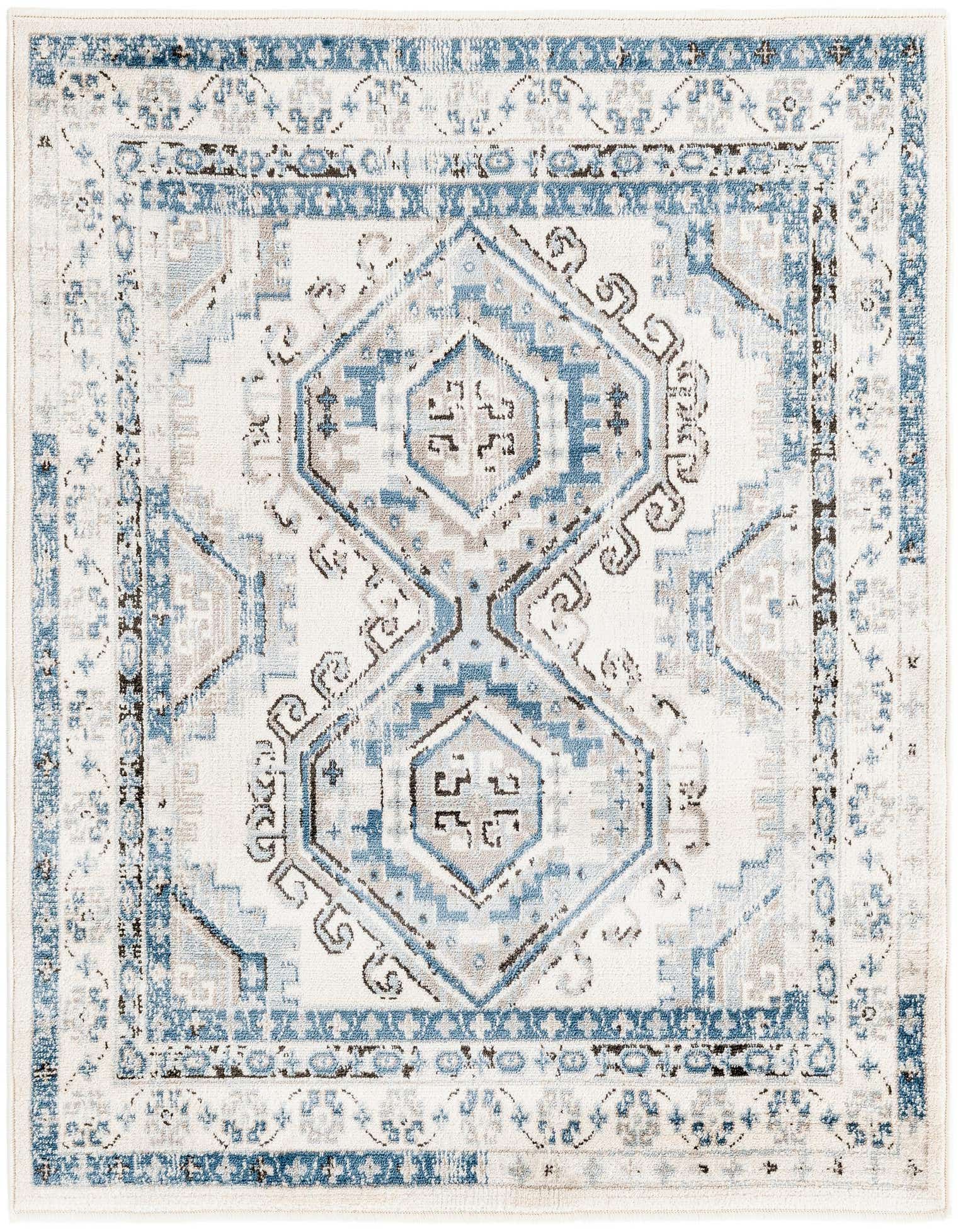 A 4'x4' square Charlotte rug featuring a distressed traditional tribal pattern in various blues, ivories, and creams.