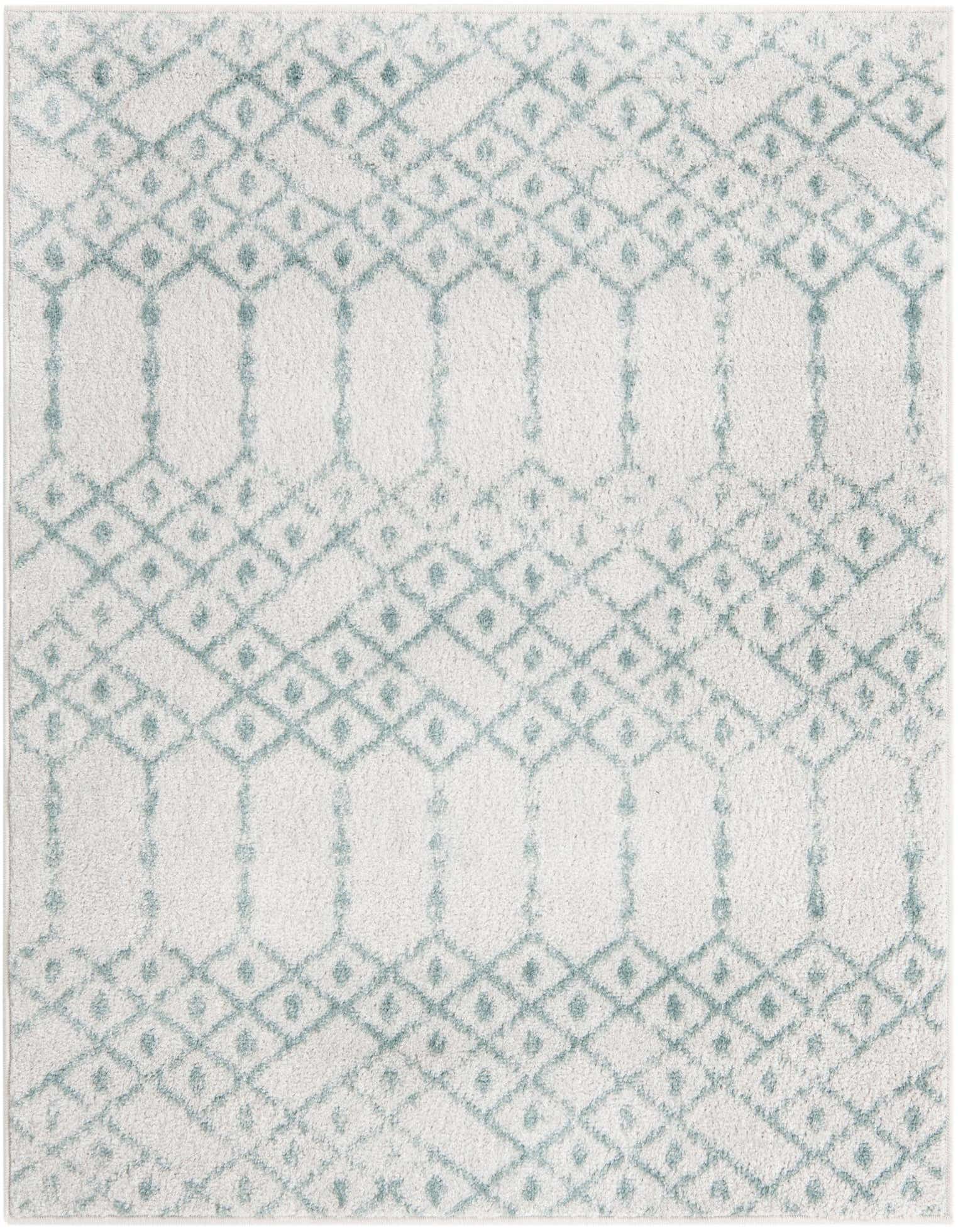 A square 4'x4' Paxon Trellis rug featuring a modern tribal trellis pattern in light blue on an ivory background.