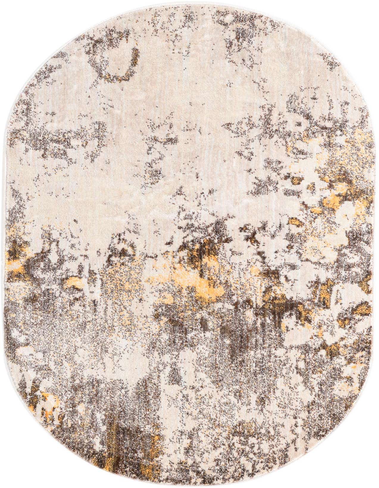 An oval Rugs.com Apollo rug featuring an abstract pattern in browns, tans, ivories, and creams, suitable for modern indoor spaces.