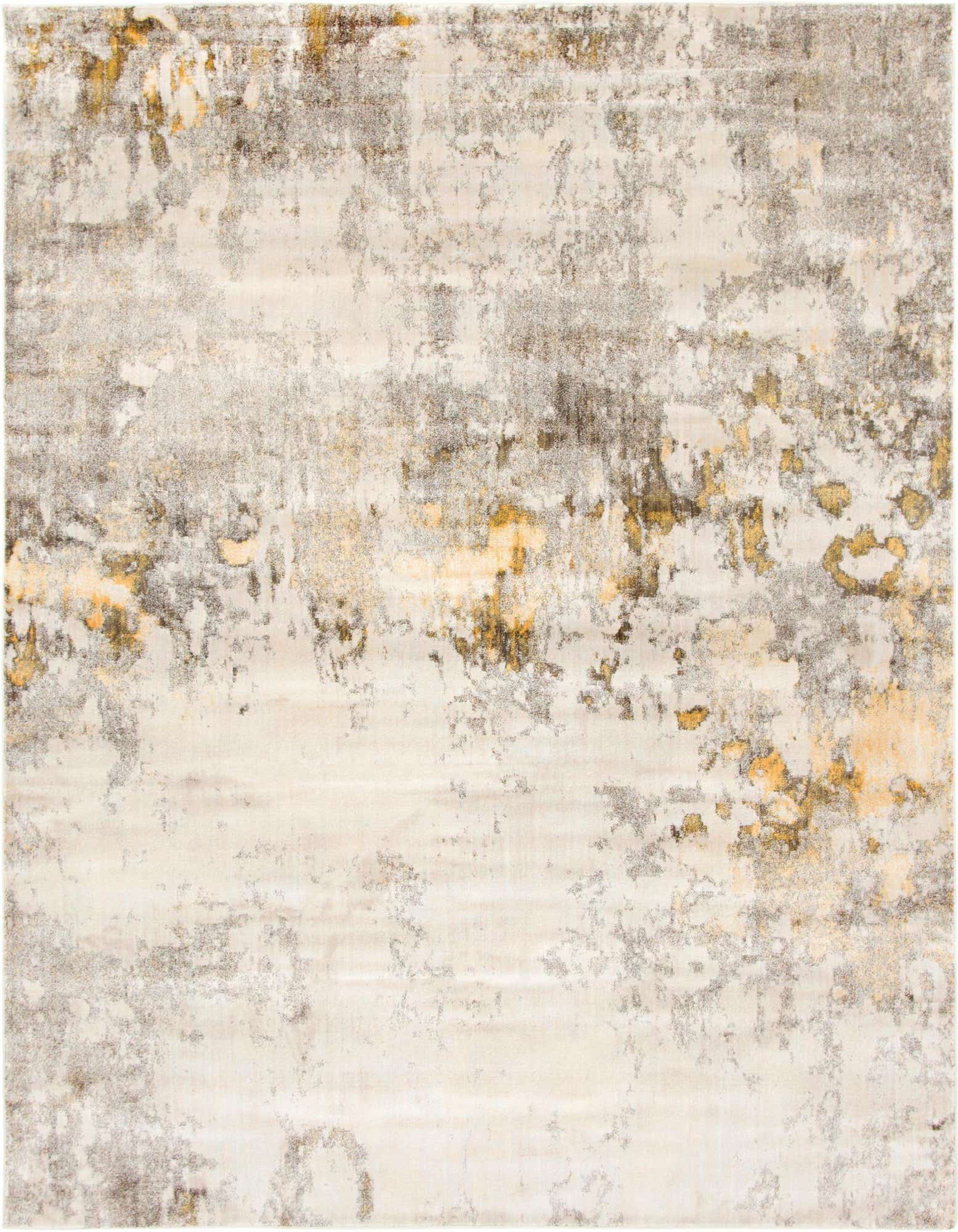 An 8x10 rectangular area rug with an abstract pattern in shades of brown, tan, cream, and white, featuring a distressed, modern look.
