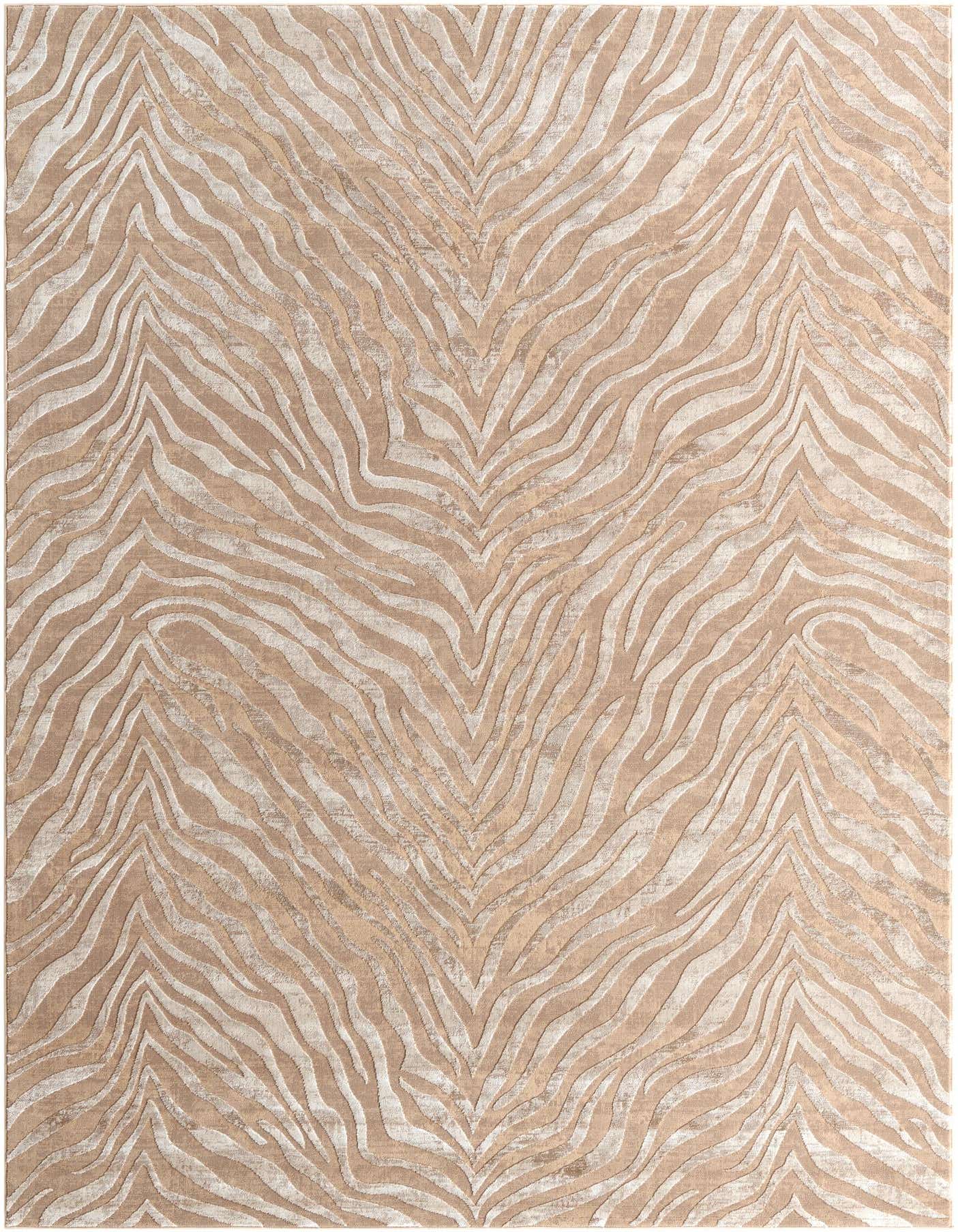 A 7x10 rectangular Finsbury rug with a modern zebra stripe pattern in shades of brown, tan, and cream, featuring a high/low textured pile.