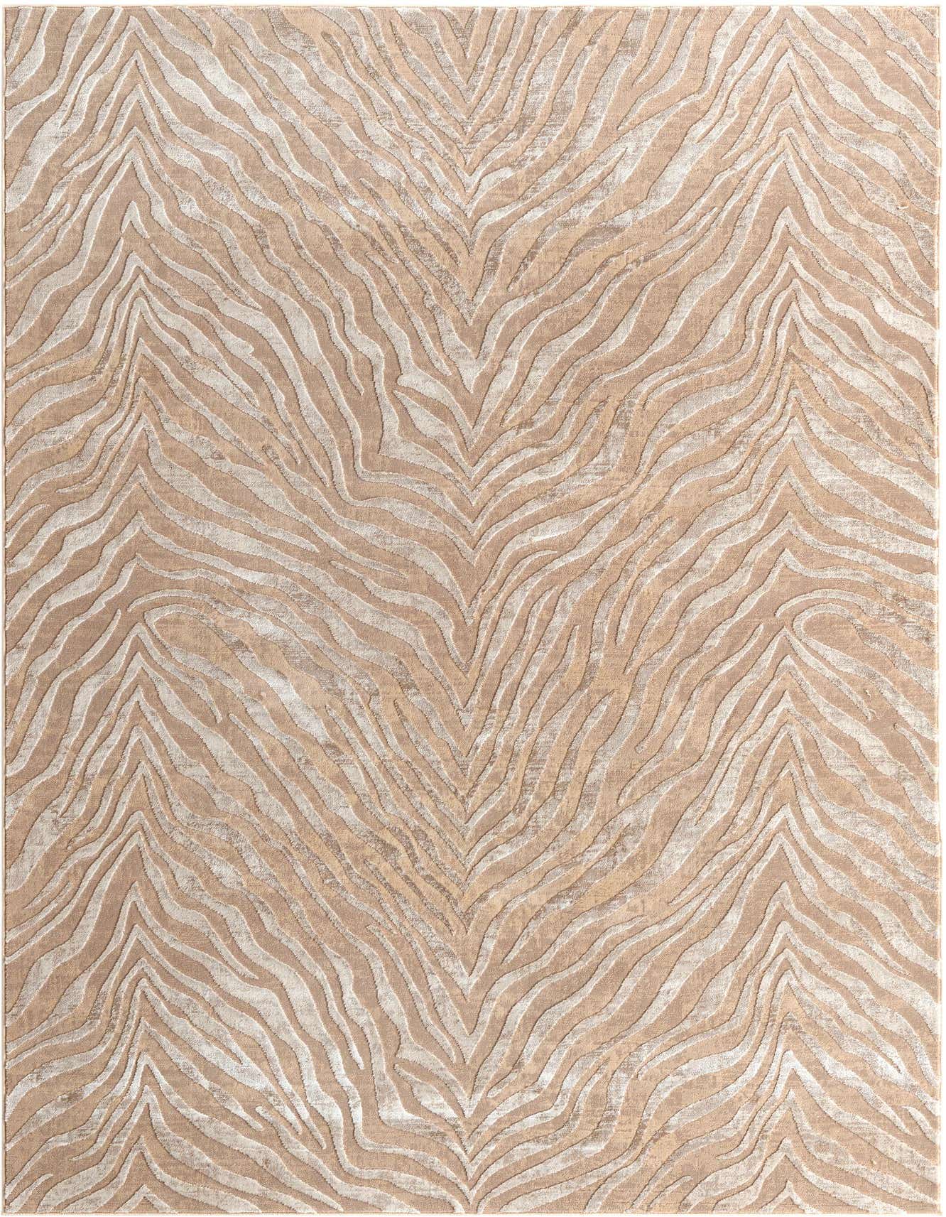A 6x9 rectangular Finsbury rug with a modern brown, tan, and ivory zebra stripe pattern and textured high-low pile.