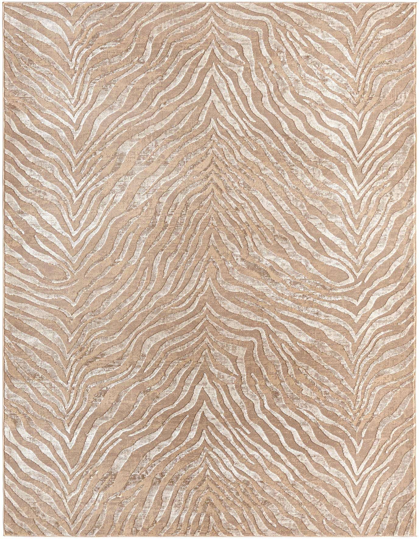 A 5x8 rectangular area rug featuring a modern stripe pattern in varying shades of brown, tan, and cream.
