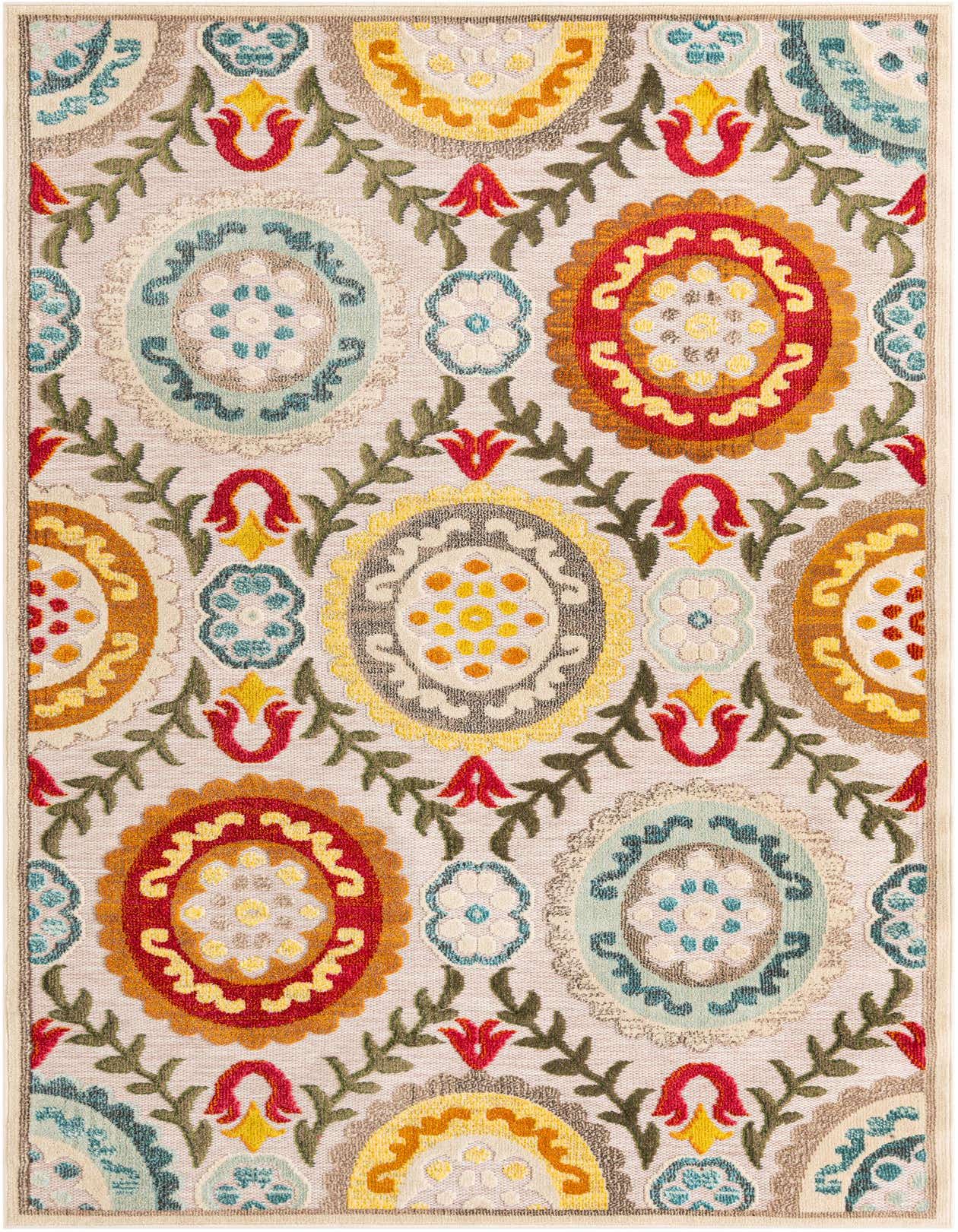 A 6x9 rectangular modern indoor/outdoor rug featuring a vibrant medallion and floral pattern in brown, ivory, red, yellow, and blue.