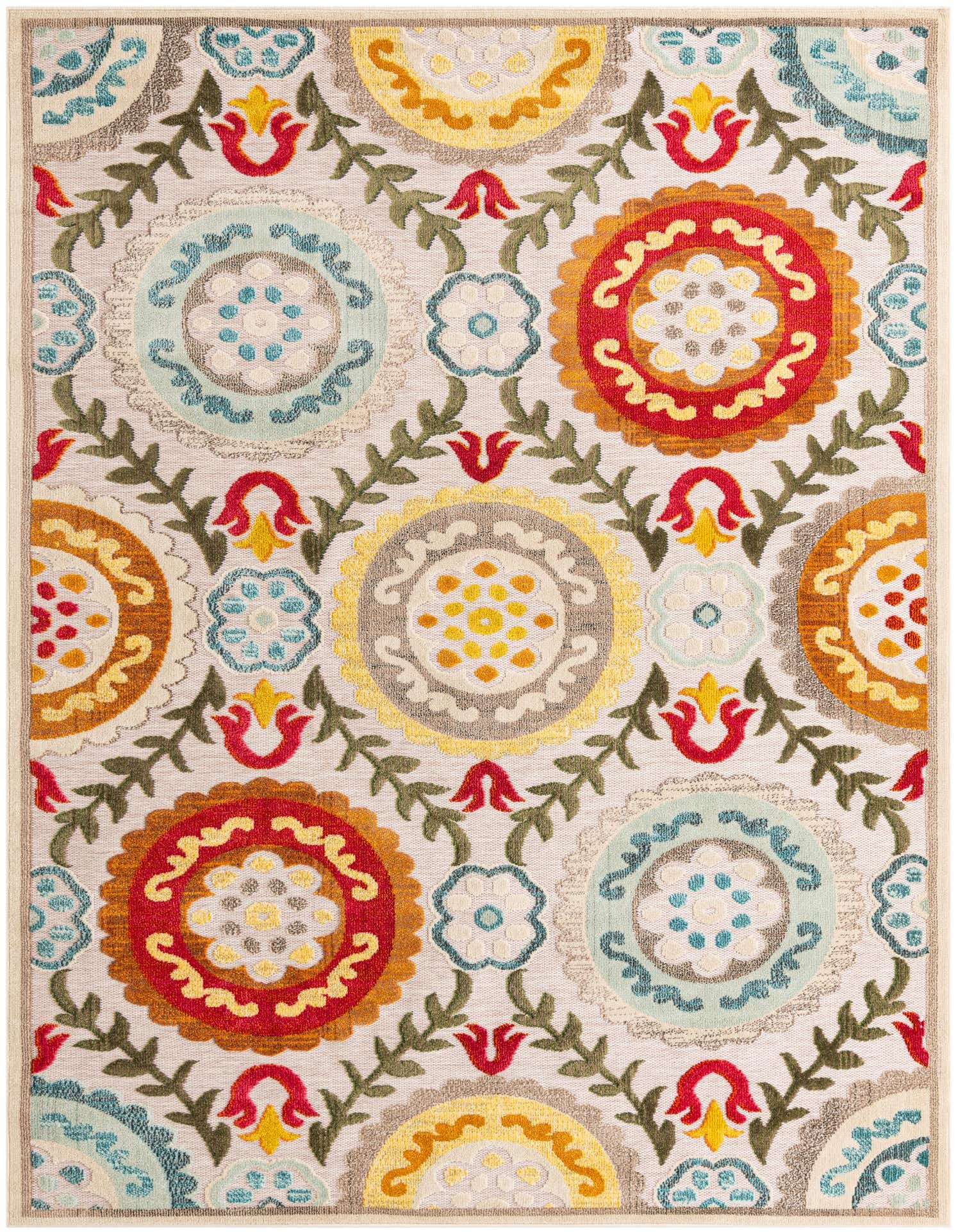 An 8x10 rectangular Rugs.com Outdoor Casablanca rug featuring a modern medallion pattern in browns, creams, and whites with colorful accents.