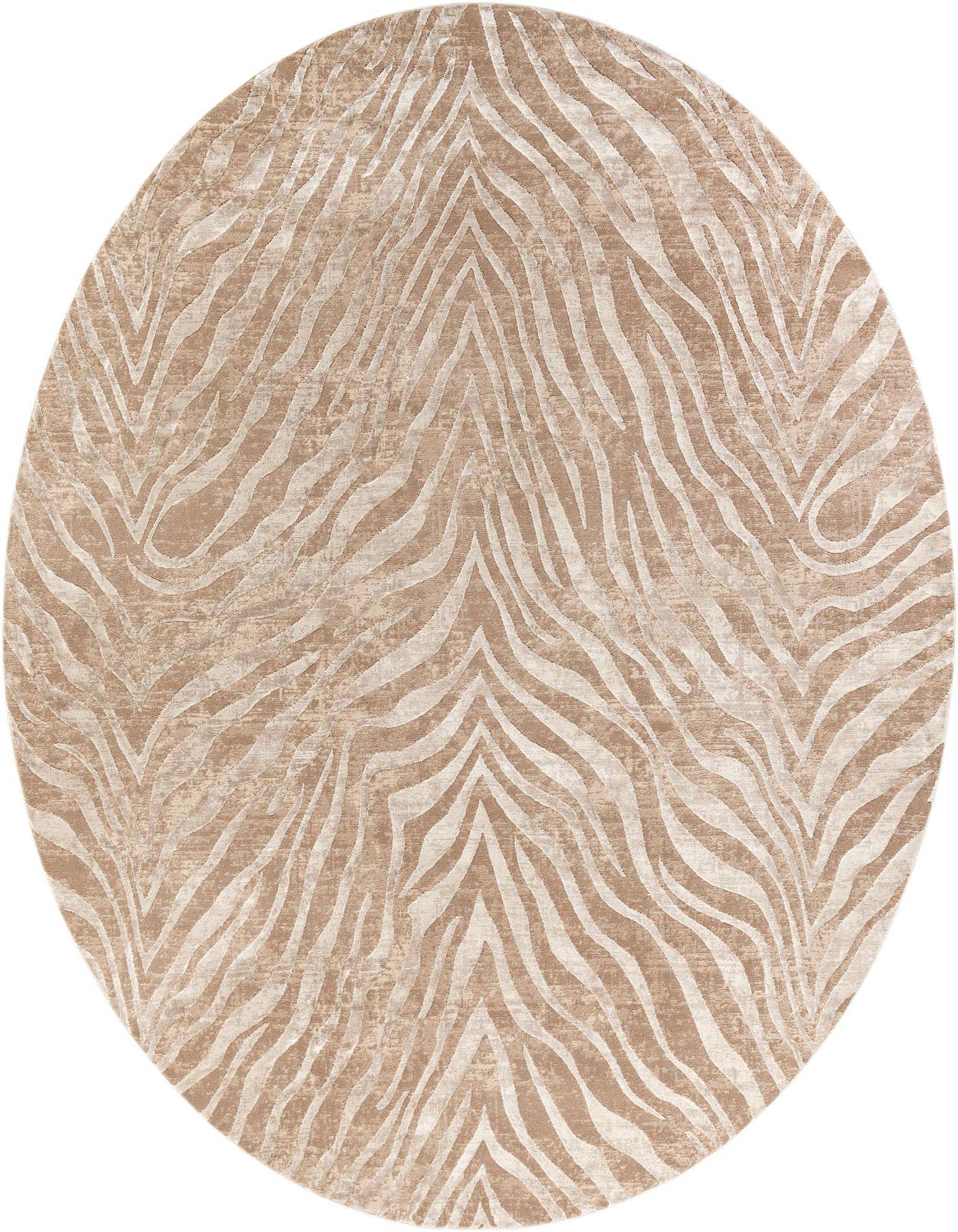 A round 10' brown and ivory modern abstract rug with a zebra-like pattern, ideal for a living room.