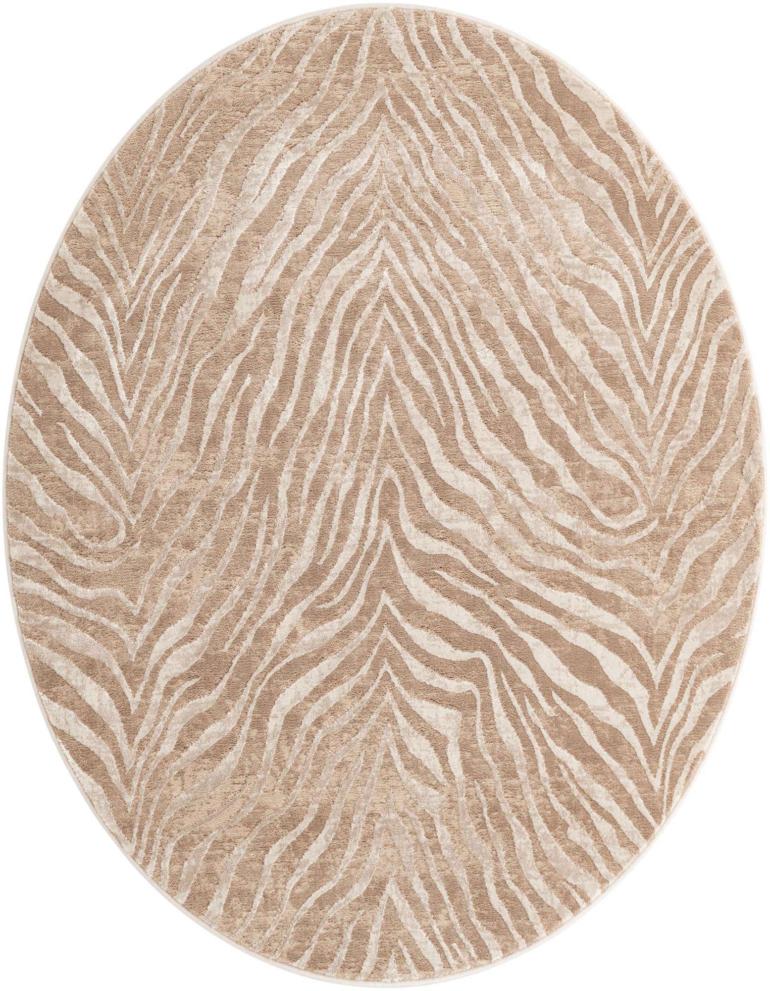 A round 5' 3 x 5' 3 Finsbury rug featuring a tan and ivory zebra stripe pattern with a textured, medium pile.