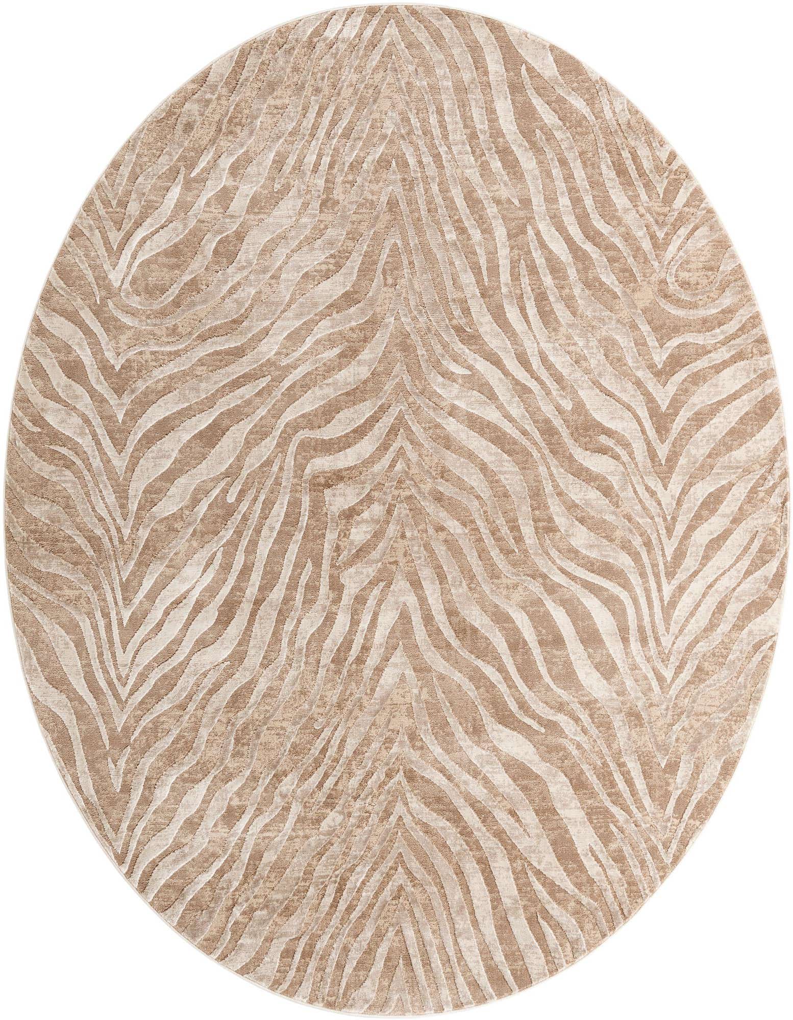 A round 7' 10" brown and ivory rug with a textured zebra stripe pattern, suitable for a living room or bedroom.