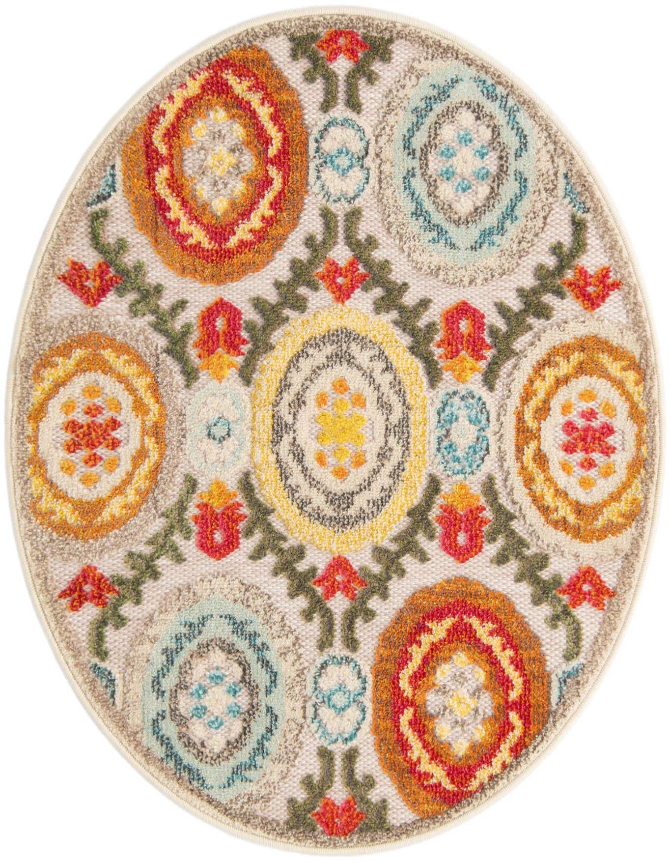 A 3' round indoor/outdoor rug with a modern pattern of colorful circles and floral motifs on a cream background.