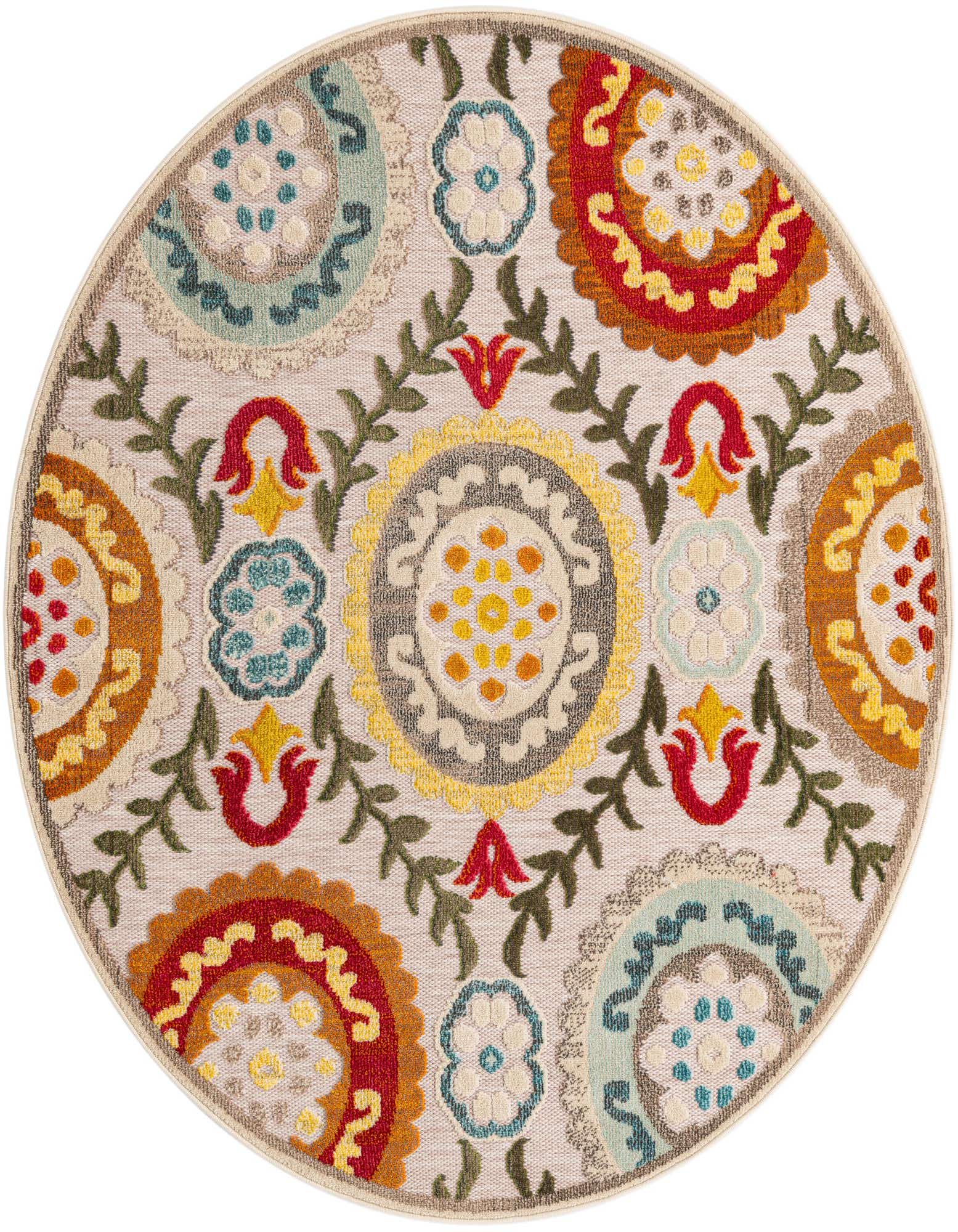 A 6' round Modern Outdoor Casablanca rug by Rugs.com with a vibrant floral medallion pattern on a cream background.