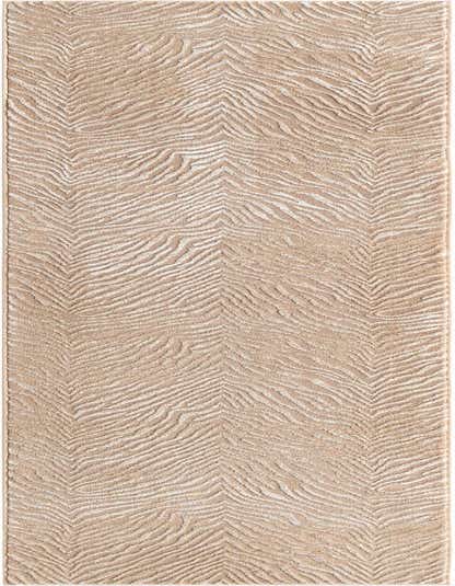 A 10 ft runner rug in shades of brown, tan, and ivory, featuring a modern, textured stripe pattern with a high/low pile.