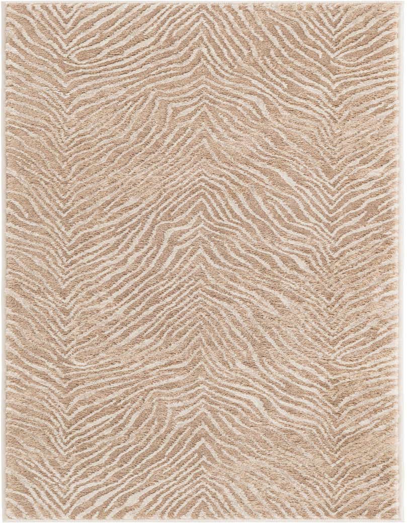 A 5 ft runner rug with a textured, high pile in varying shades of brown, tan, and cream, featuring an abstract, wavy chevron pattern.