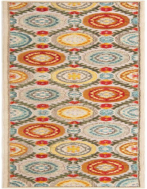 A 10 ft runner rug featuring a modern pattern of colorful medallions in brown, ivory, red, blue, and yellow on a cream background, ideal for a hallway or patio.