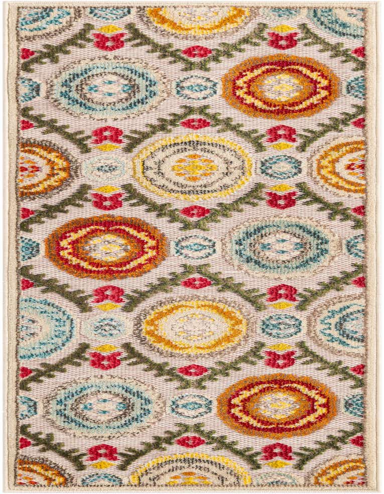 A 5 ft runner rug with a modern Moroccan pattern in shades of brown, ivory, and cream, featuring colorful circular motifs and floral accents.