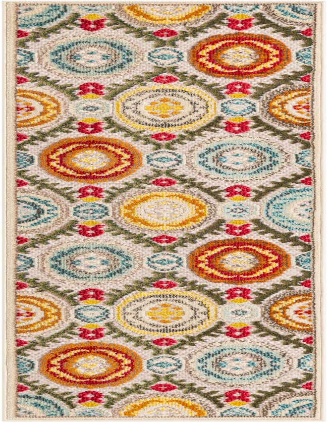 A 6 ft runner rug featuring a modern pattern of colorful concentric circles in brown, ivory, red, yellow, and blue, with green leaf-like accents on a cream background, ideal for a hallway or patio.