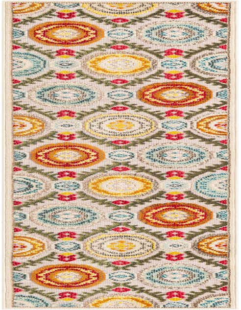 A long 8 ft runner rug featuring a modern pattern of colorful medallions in brown, ivory, and cream, with accents of red, yellow, and teal.