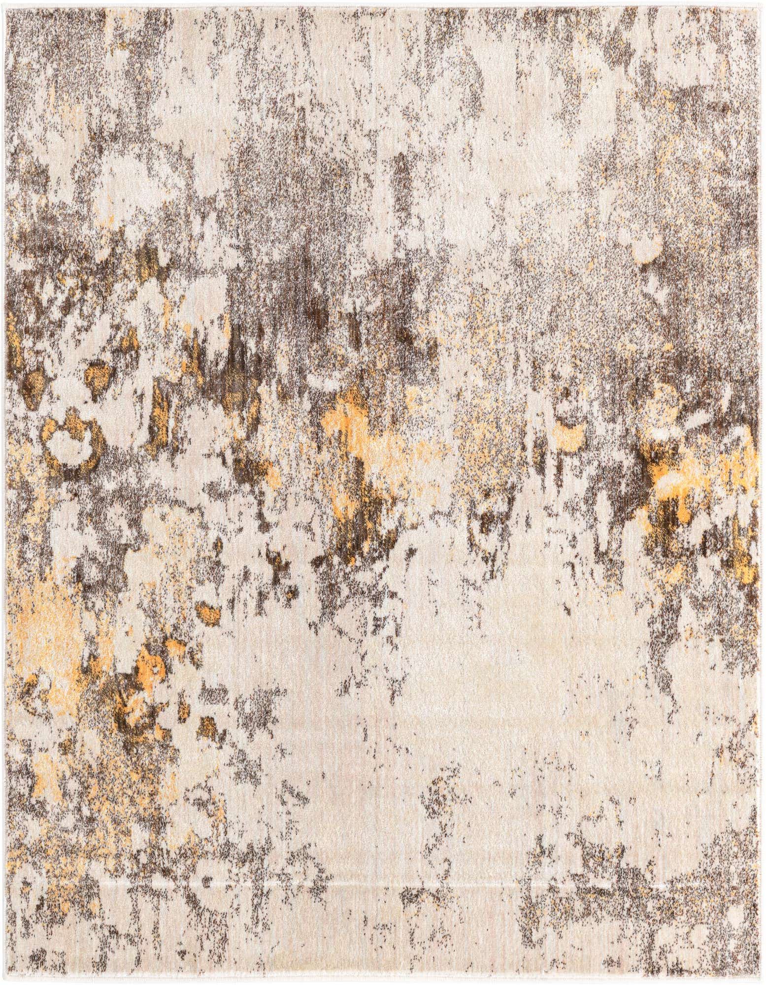 A 5' 0 x 5' 0 square rug featuring an abstract, eclectic pattern in browns, tans, creams, and whites.