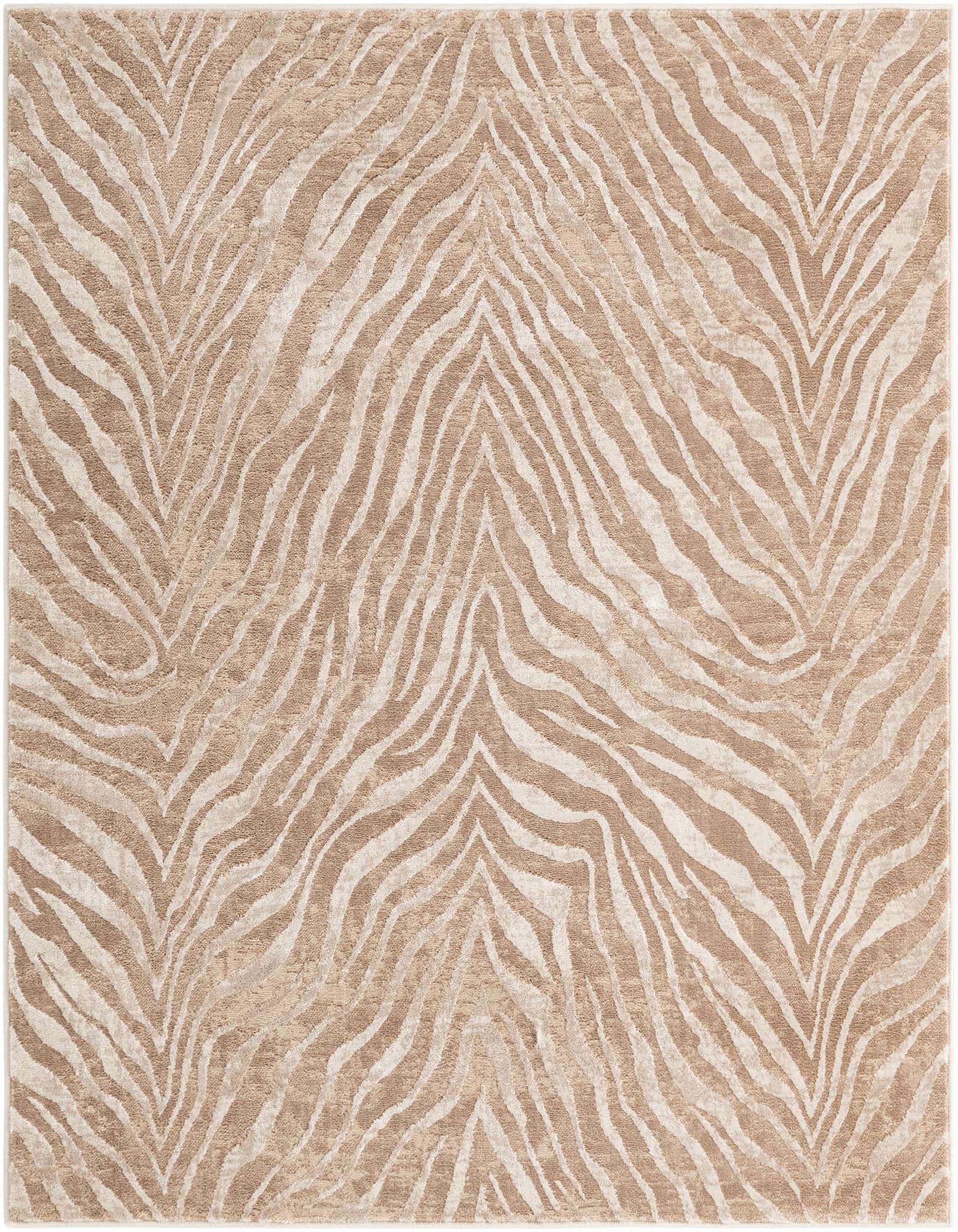 A 5'3" x 5'3" square rug featuring a modern zebra stripe pattern in varying shades of brown, tan, and cream.