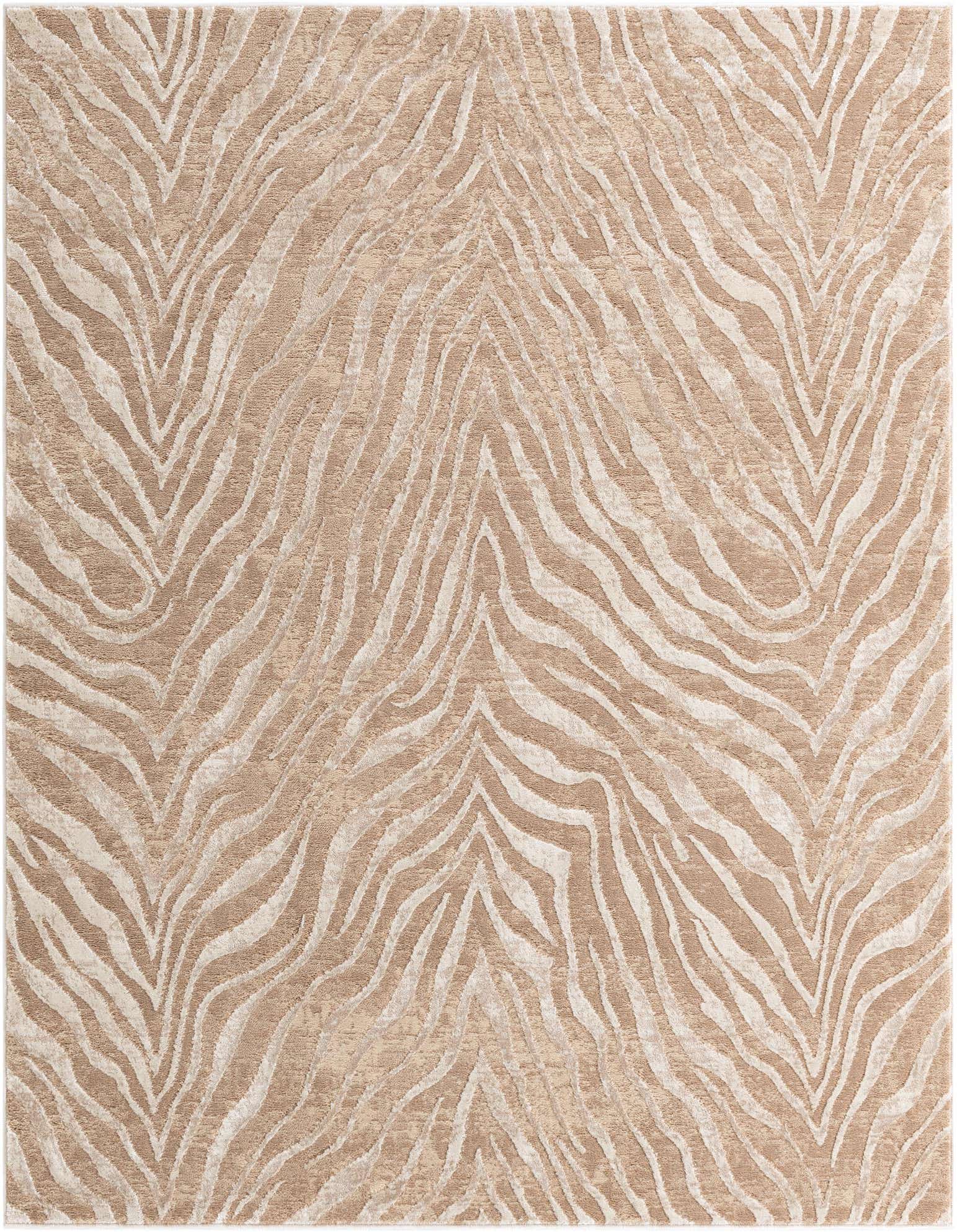 A 6'x6' square indoor rug featuring a textured, abstract zebra stripe pattern in shades of brown, tan, and ivory.