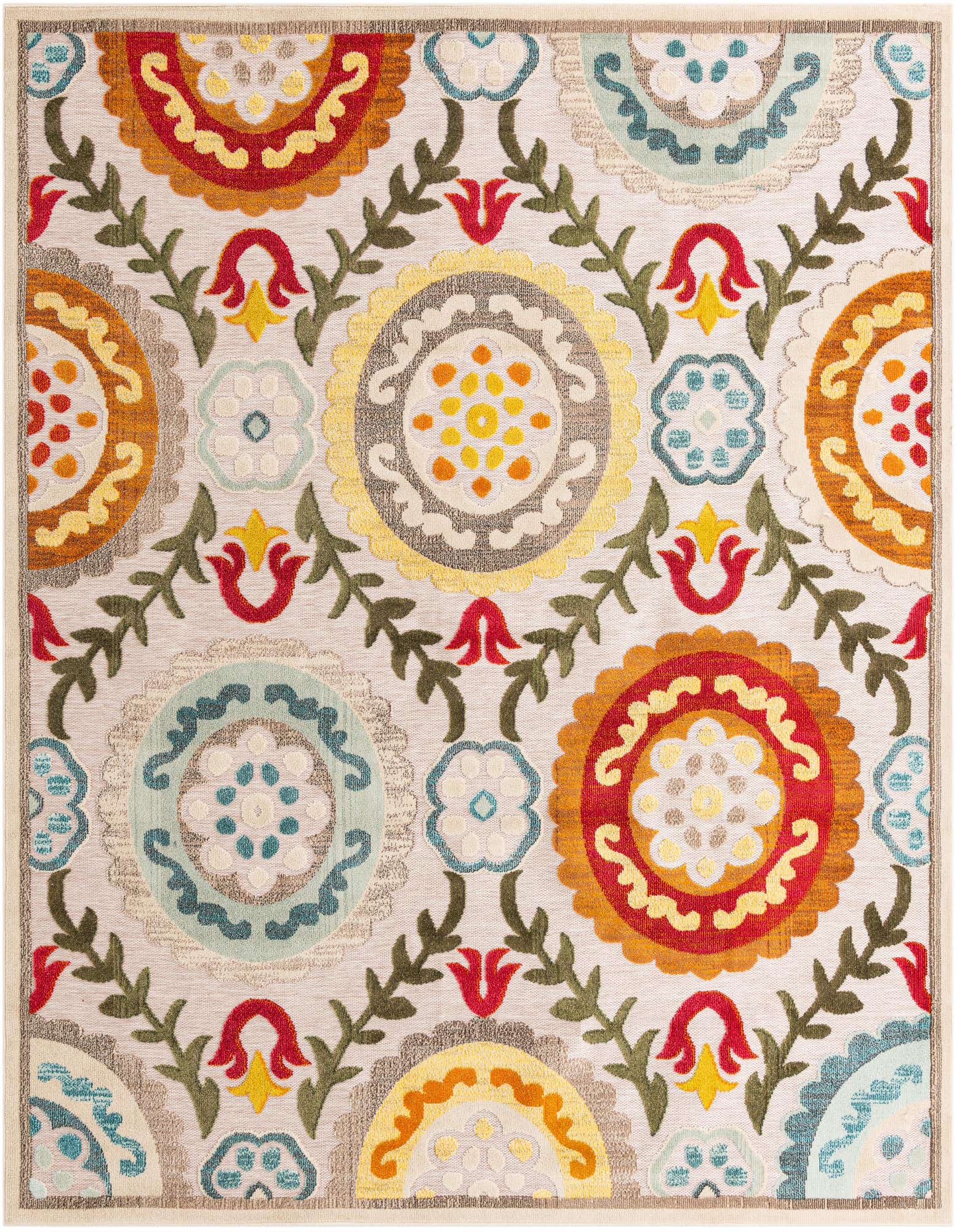 A 10'x10' square Rugs.com Outdoor Casablanca rug with a modern floral pattern in vibrant red, yellow, blue, and green on a cream background.