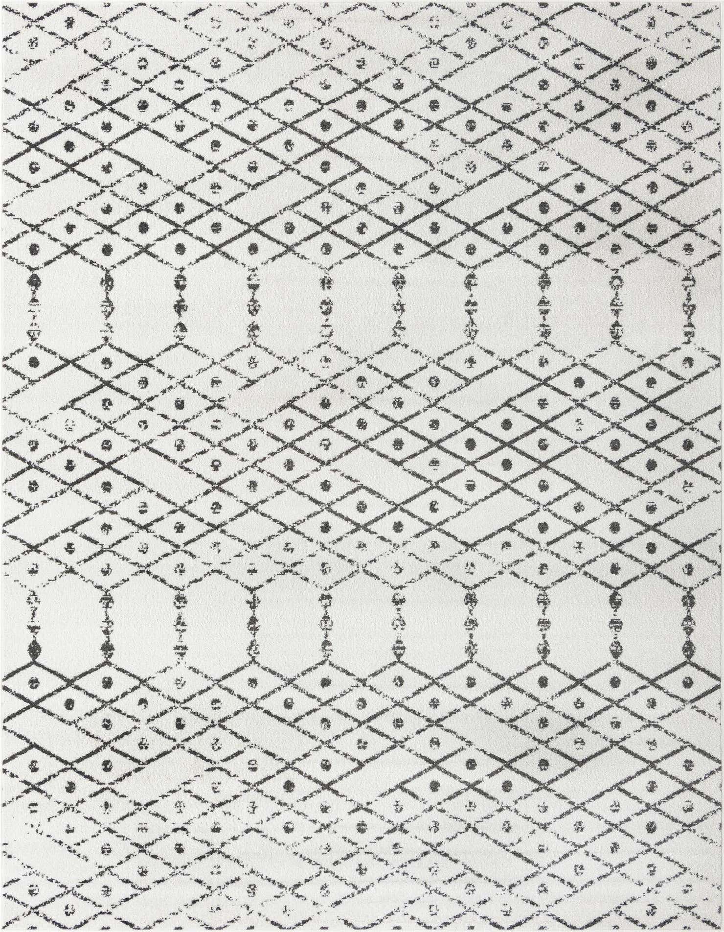 A 10x14 rectangular ivory and black tribal trellis area rug with a thin pile.
