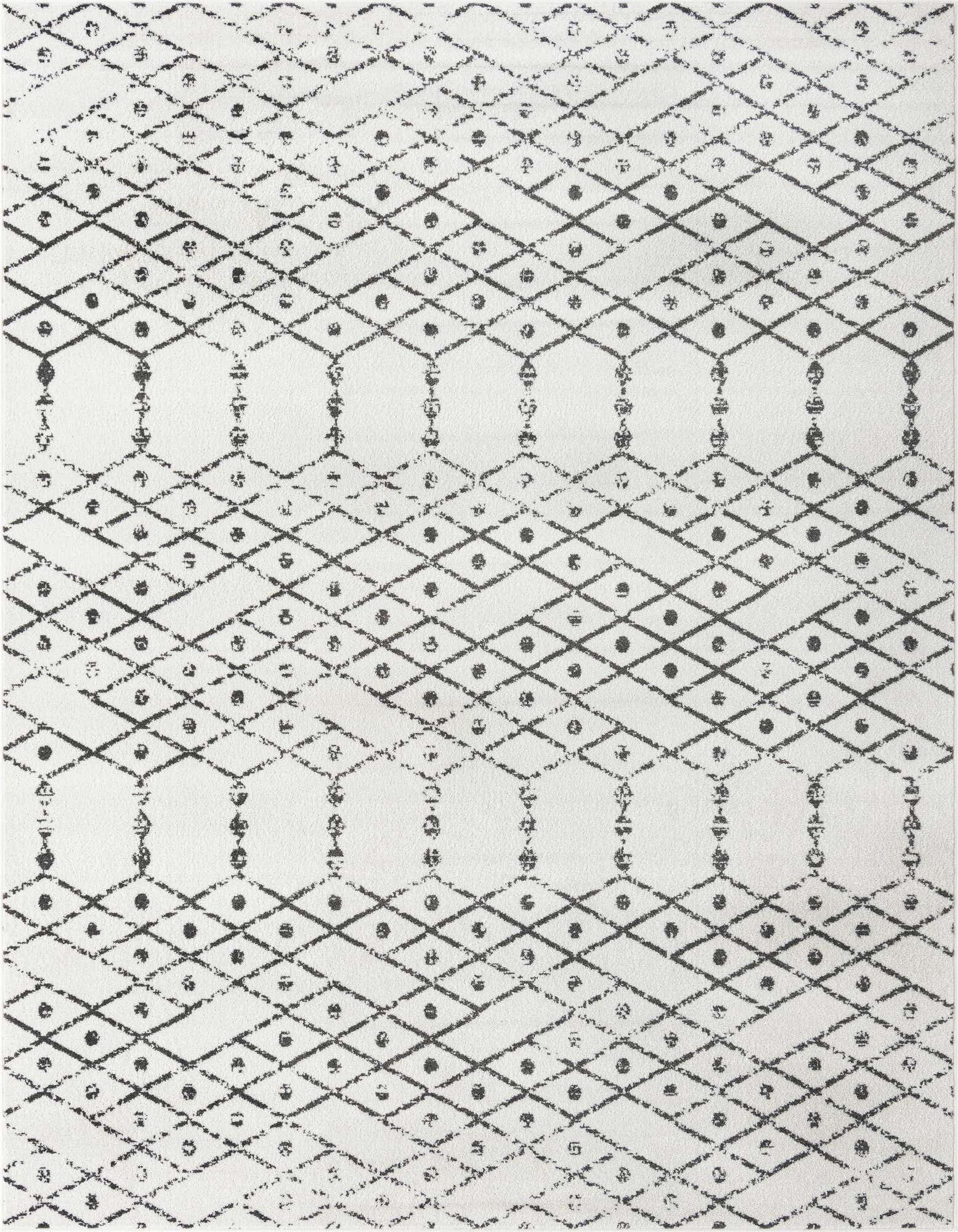 An 8x10 rectangular ivory and black tribal trellis area rug with a modern geometric pattern.