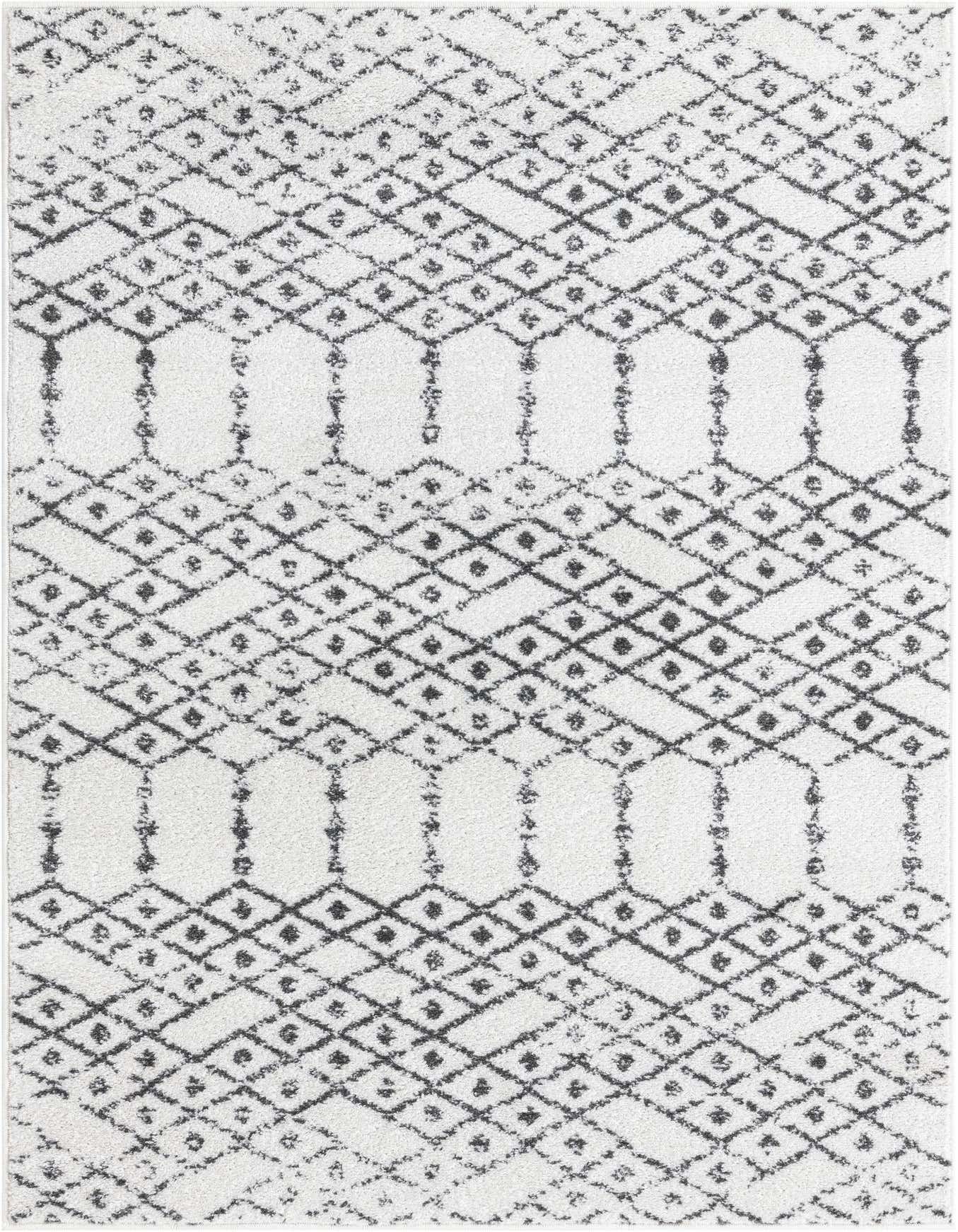 A 4x6 rectangular ivory rug with a modern tribal trellis pattern in black, suitable for a living room.