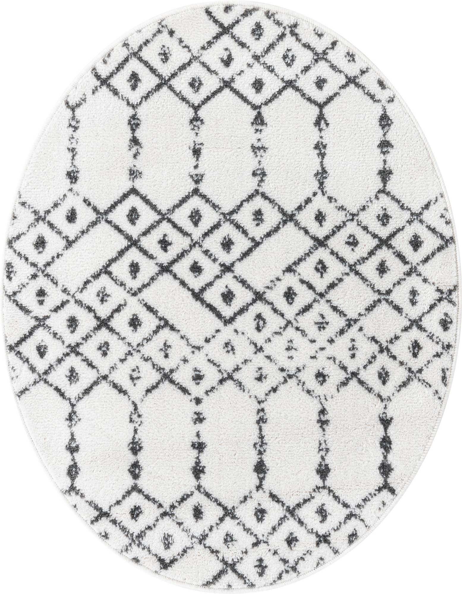 A 3' round ivory and black tribal trellis rug with a modern geometric pattern, suitable for indoor spaces.