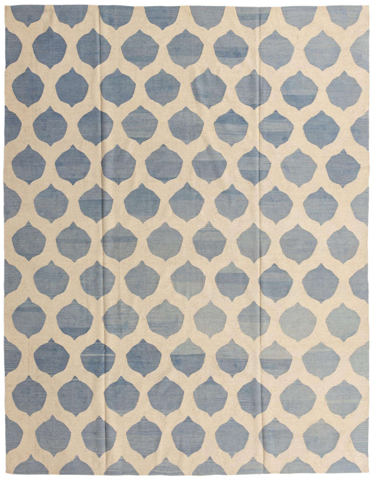 An 8x10 rectangular flatweave wool rug featuring a repeating tribal geometric pattern in shades of blue and ivory.