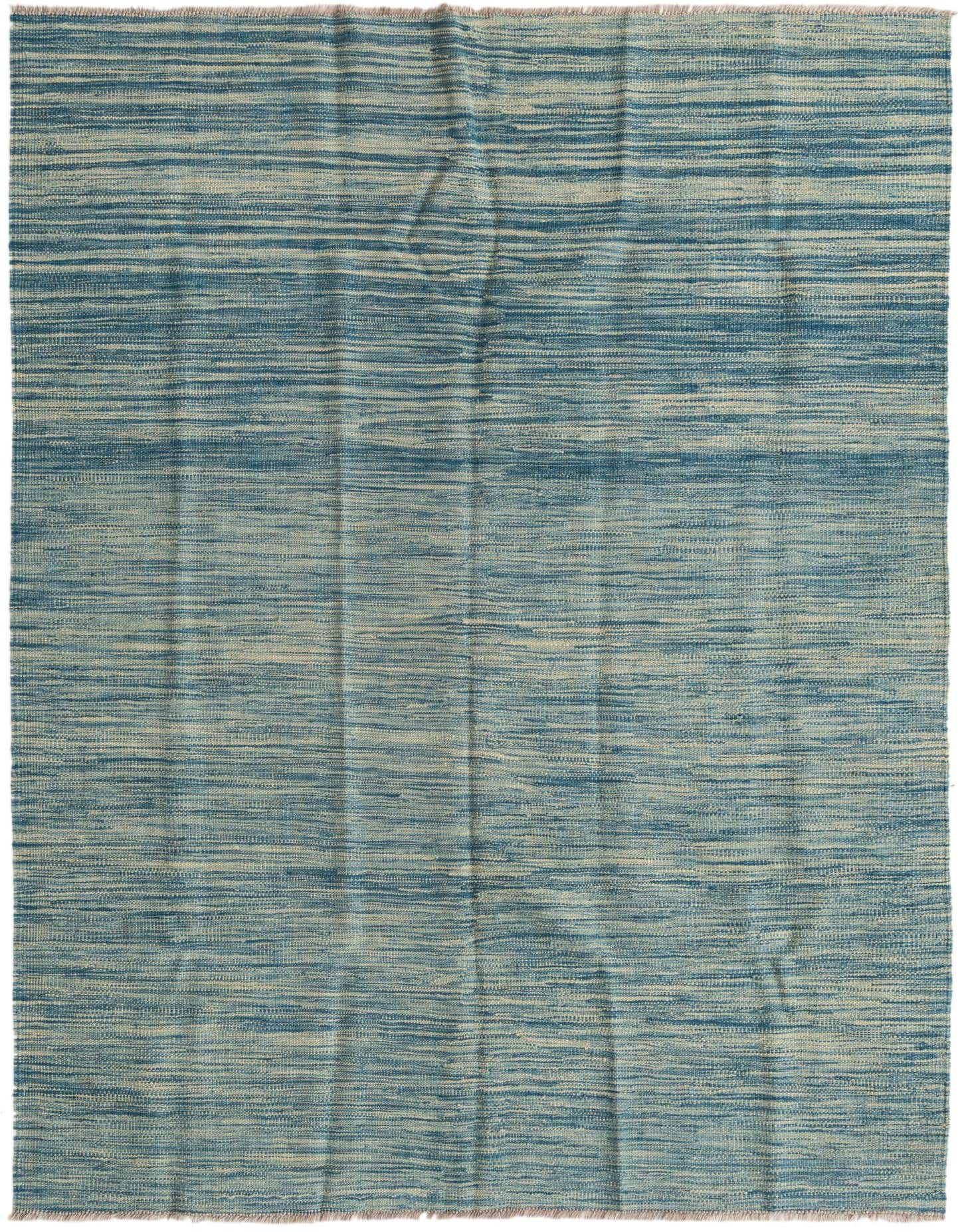 A 4x6 rectangular blue and ivory flatweave rug with a subtle horizontal striped tribal pattern, suitable for a living room.