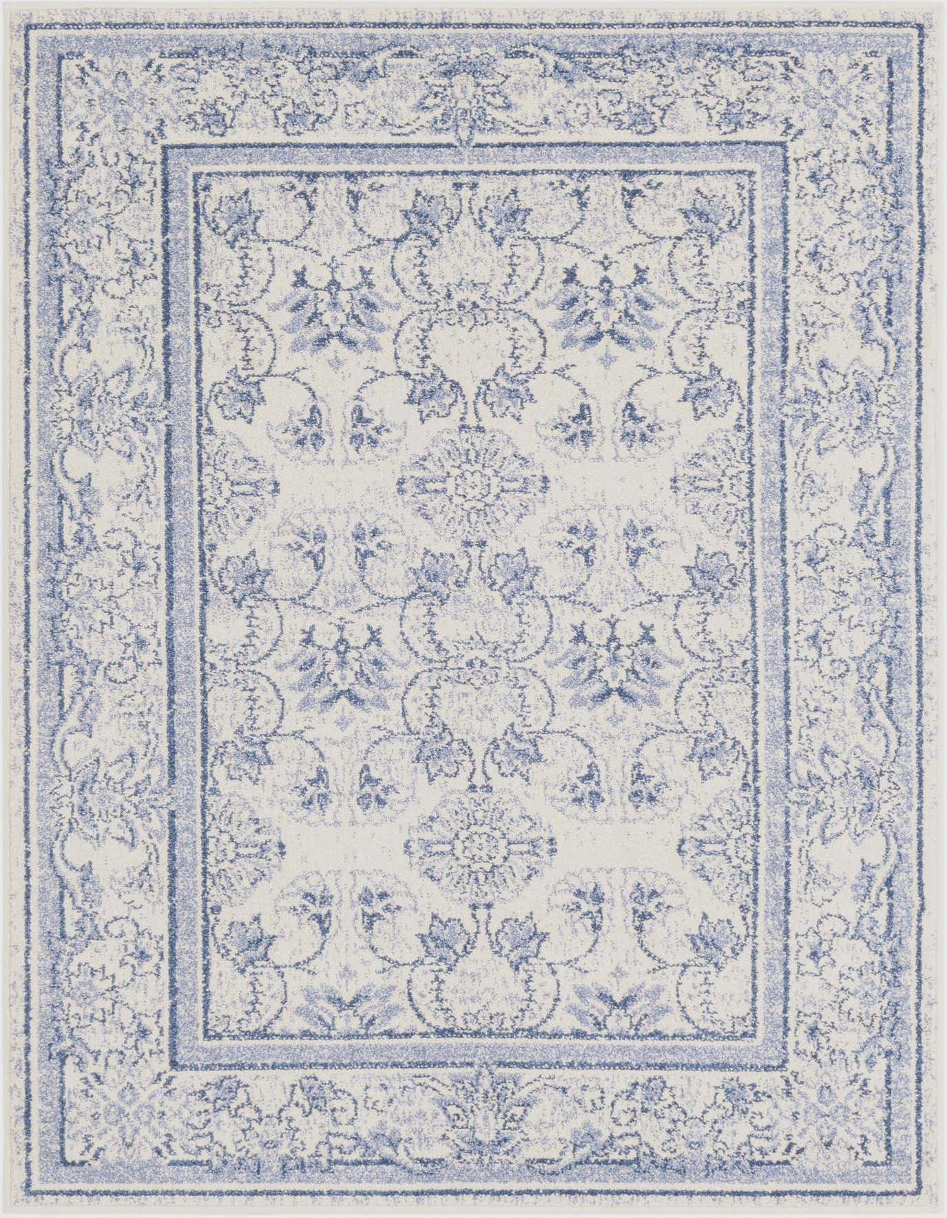 A 4x6 rectangular indoor rug featuring a traditional floral pattern in shades of blue and ivory.