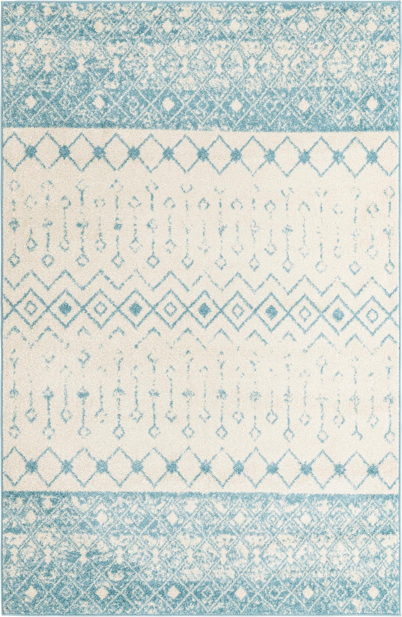 A 6x9 rectangular Moroccan Trellis area rug in blues and ivories, featuring bohemian tribal patterns.