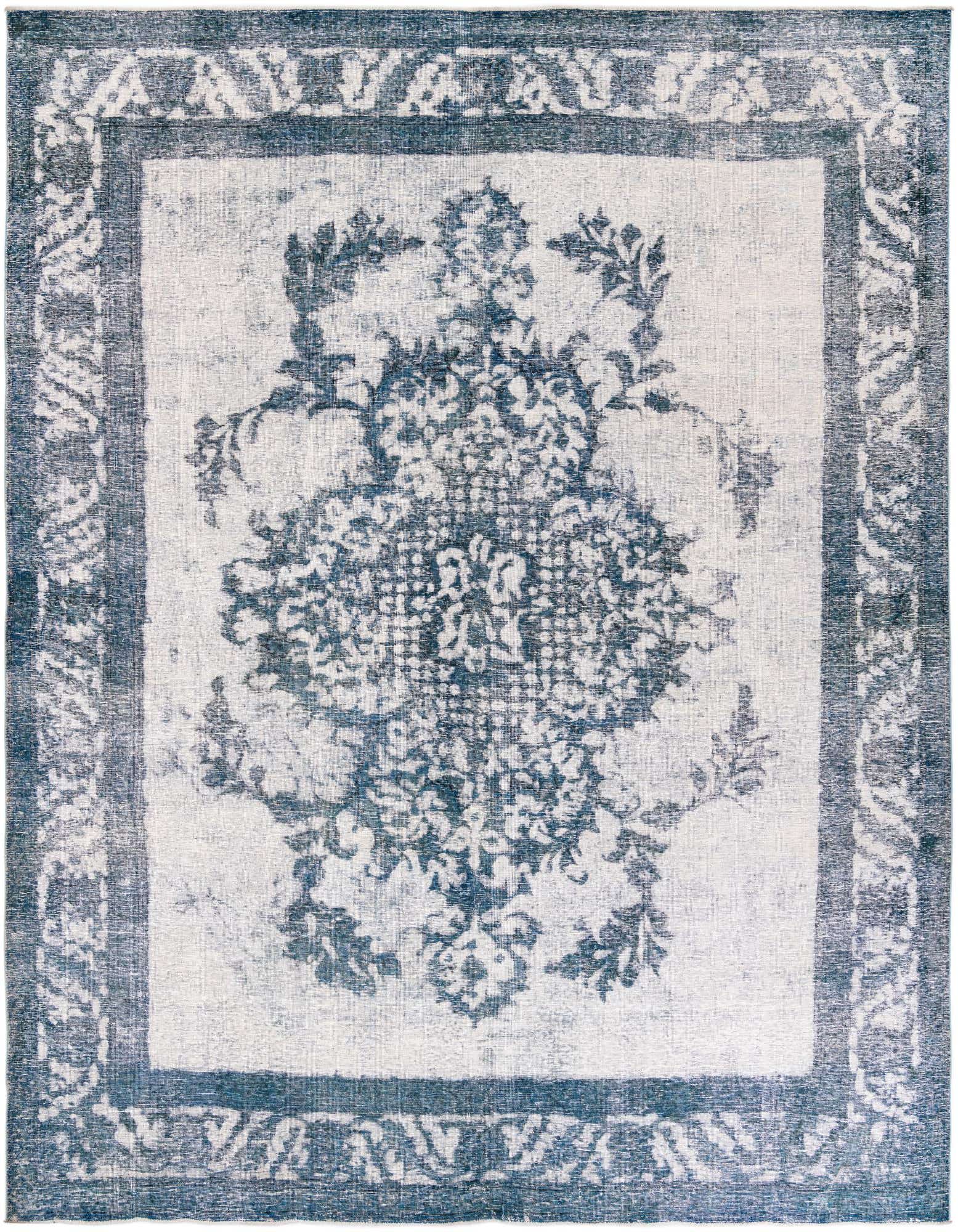 A 10x12 rectangular Ultra Vintage rug featuring a faded blue Persian medallion pattern on an ivory and cream background, with a distressed border.