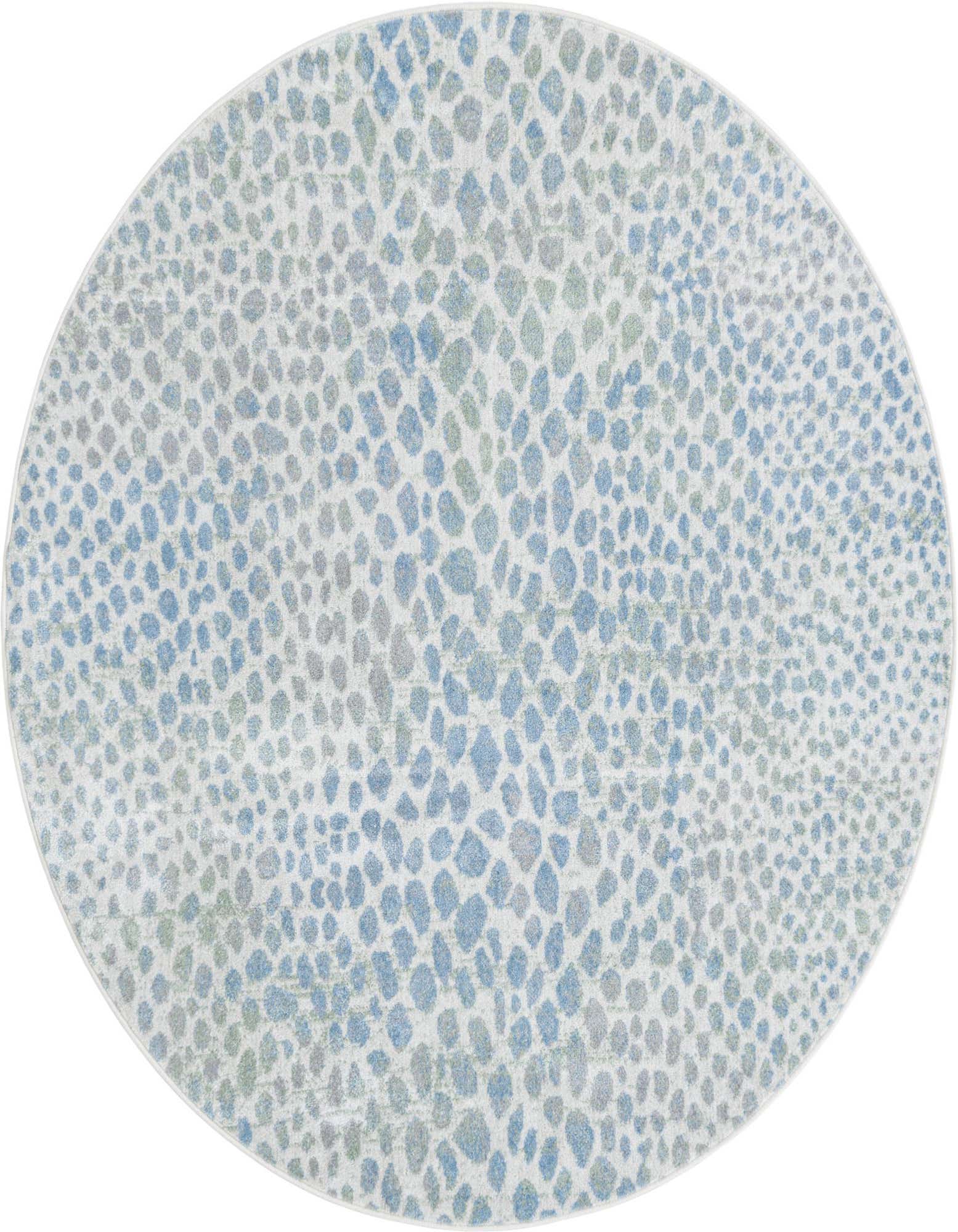 A 5' 3 round modern abstract rug with a pattern of blue, ivory, and cream splotches.