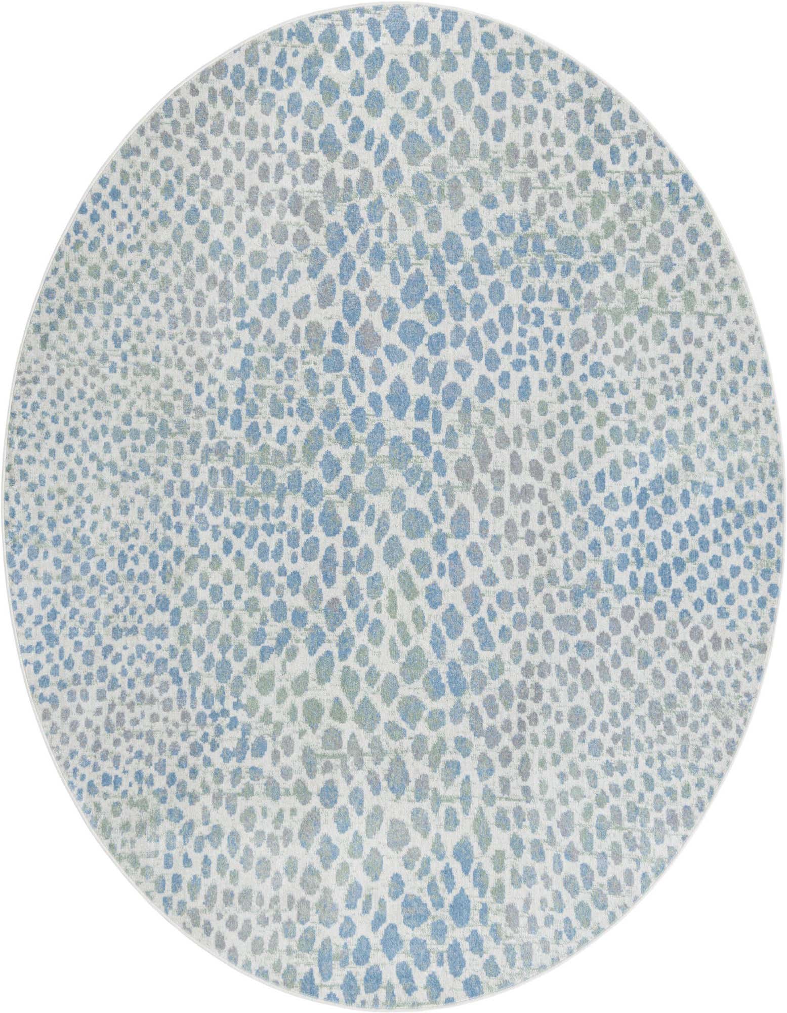 A 7' 10 round Kamala Washable rug featuring an abstract pattern of various blue, ivory, and cream tones.