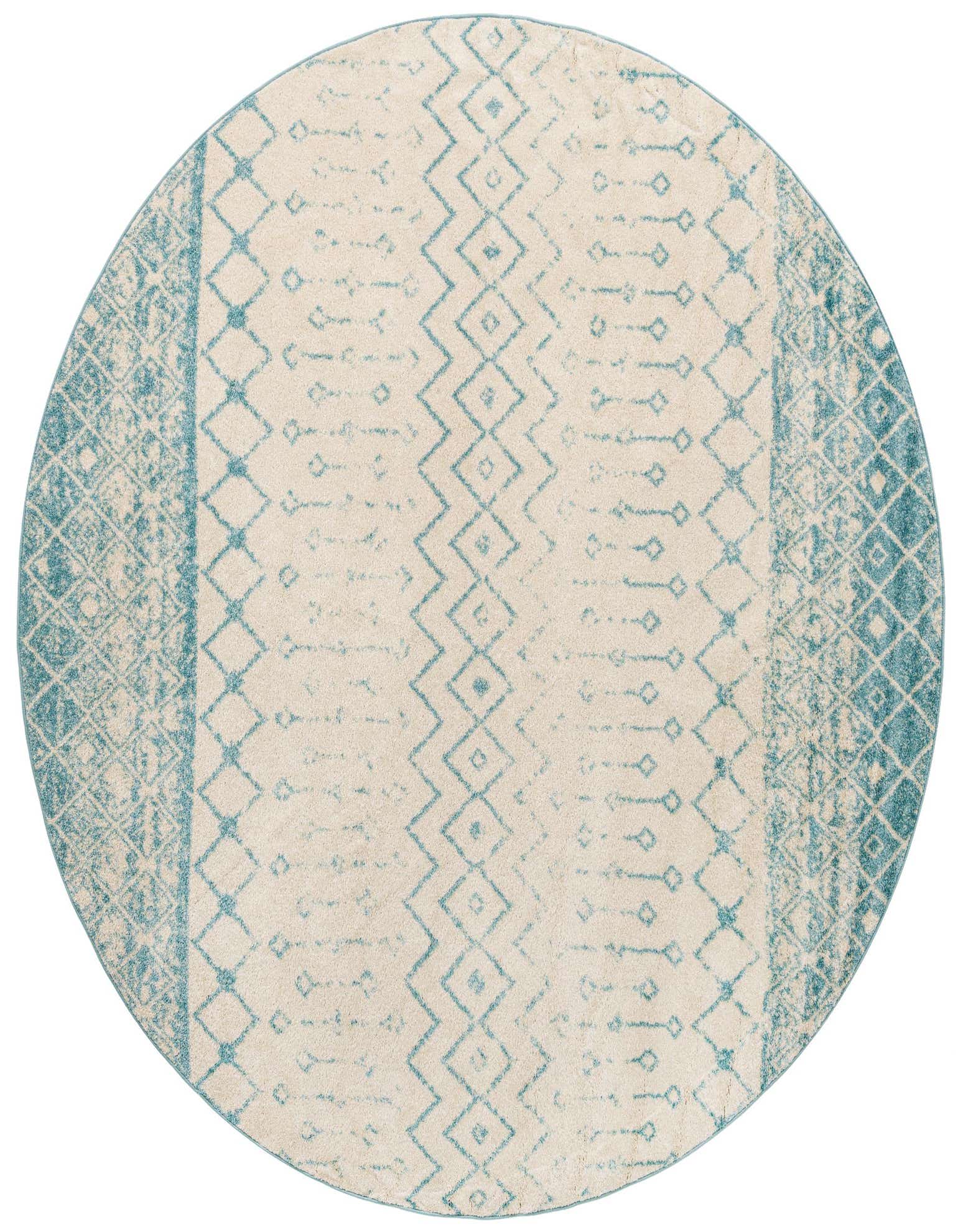 A 10-foot round bohemian rug with a cream background and faded blue tribal patterns, including zigzags and diamonds.