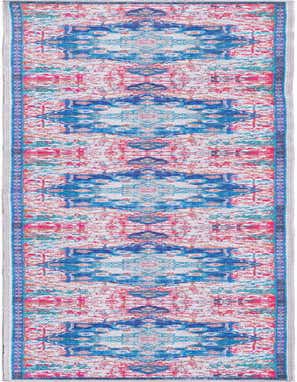 A 13 ft runner rug with a vibrant blue and ivory traditional medallion pattern, accented with pink and teal, ideal for a hallway.