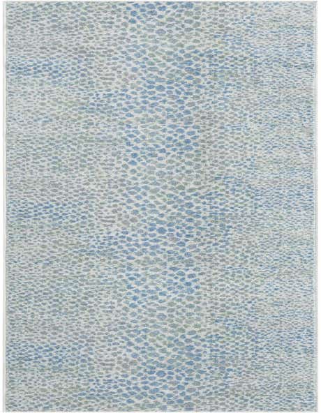 A 12 ft runner rug with an abstract pattern in varying shades of blue, ivory, and cream, ideal for a hallway.