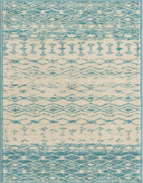 An 8 ft runner rug with a cream background and a distressed blue Bohemian tribal pattern, ideal for a hallway or kitchen.