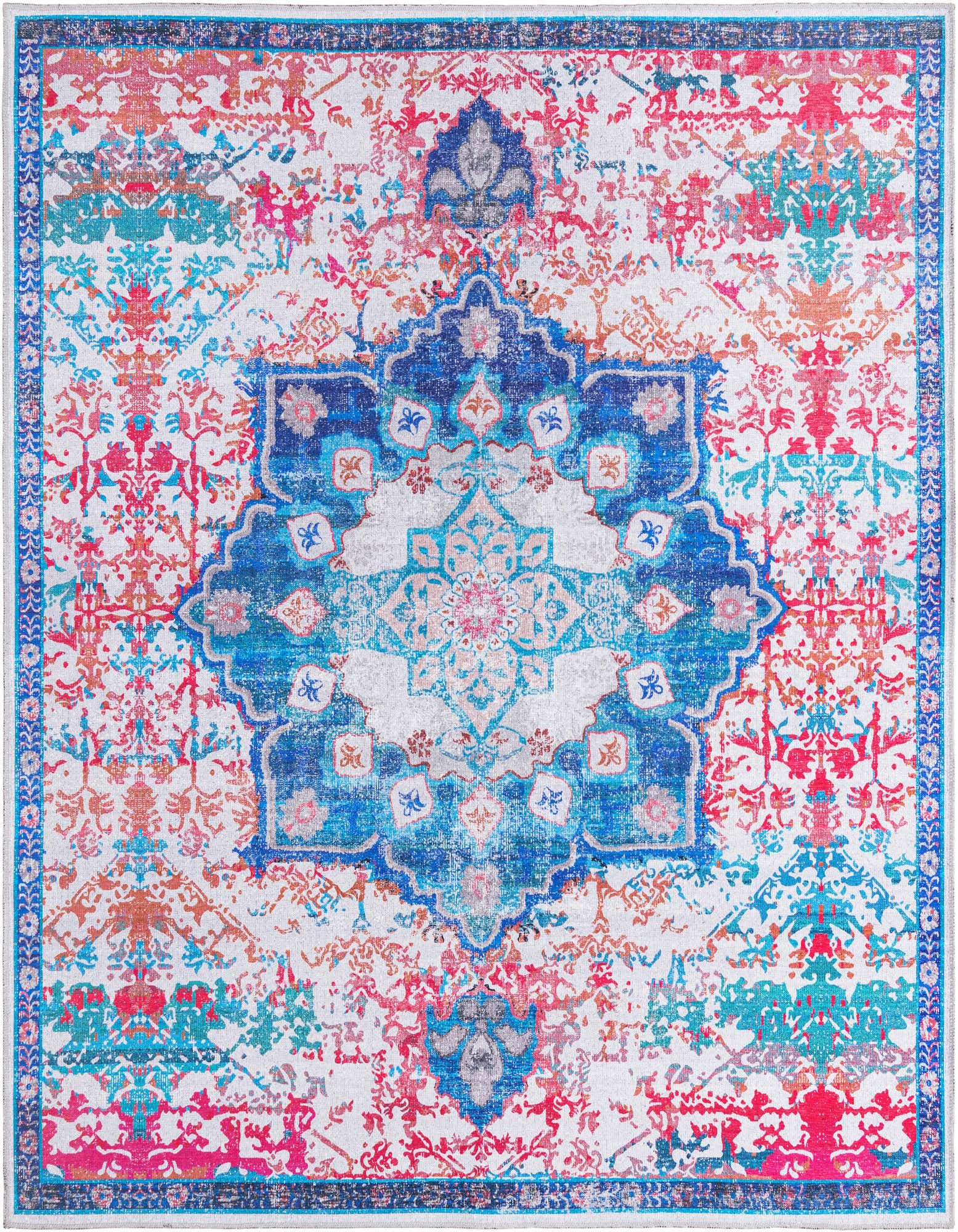 A square 7' 10 x 7' 10 Francesca rug with a vibrant blue medallion on an ivory and cream distressed background, featuring traditional patterns in pinks, reds, and teals.