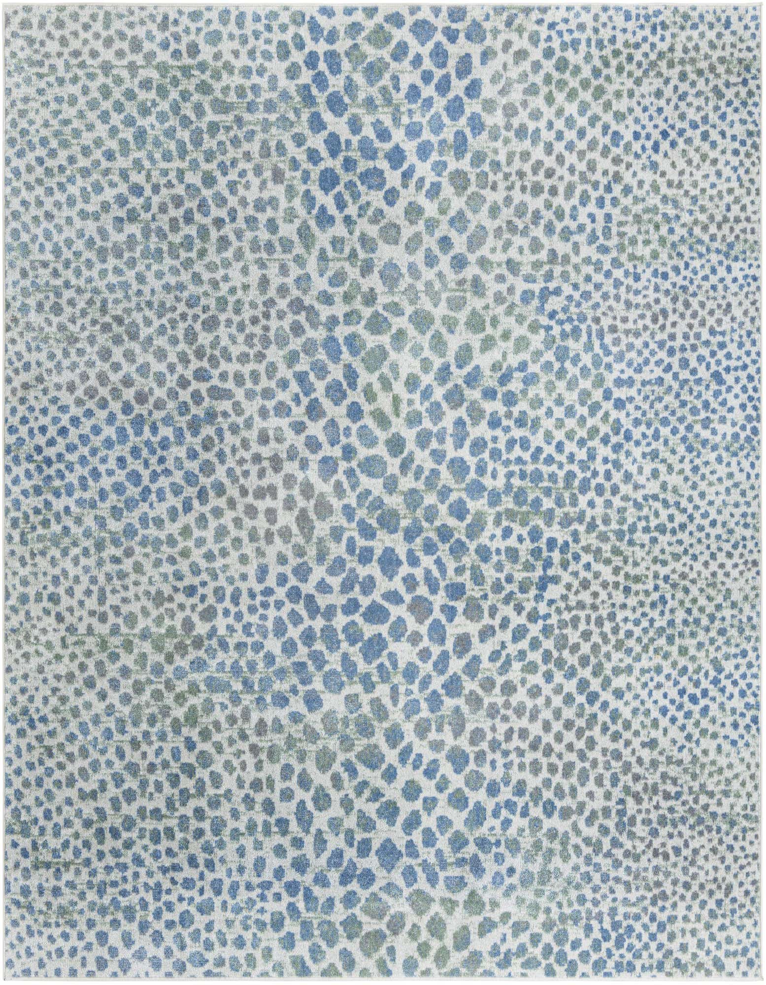 A 7' 10 x 7' 10 square Kamala Washable rug featuring an abstract pattern of blue, ivory, and cream speckles on a light background.