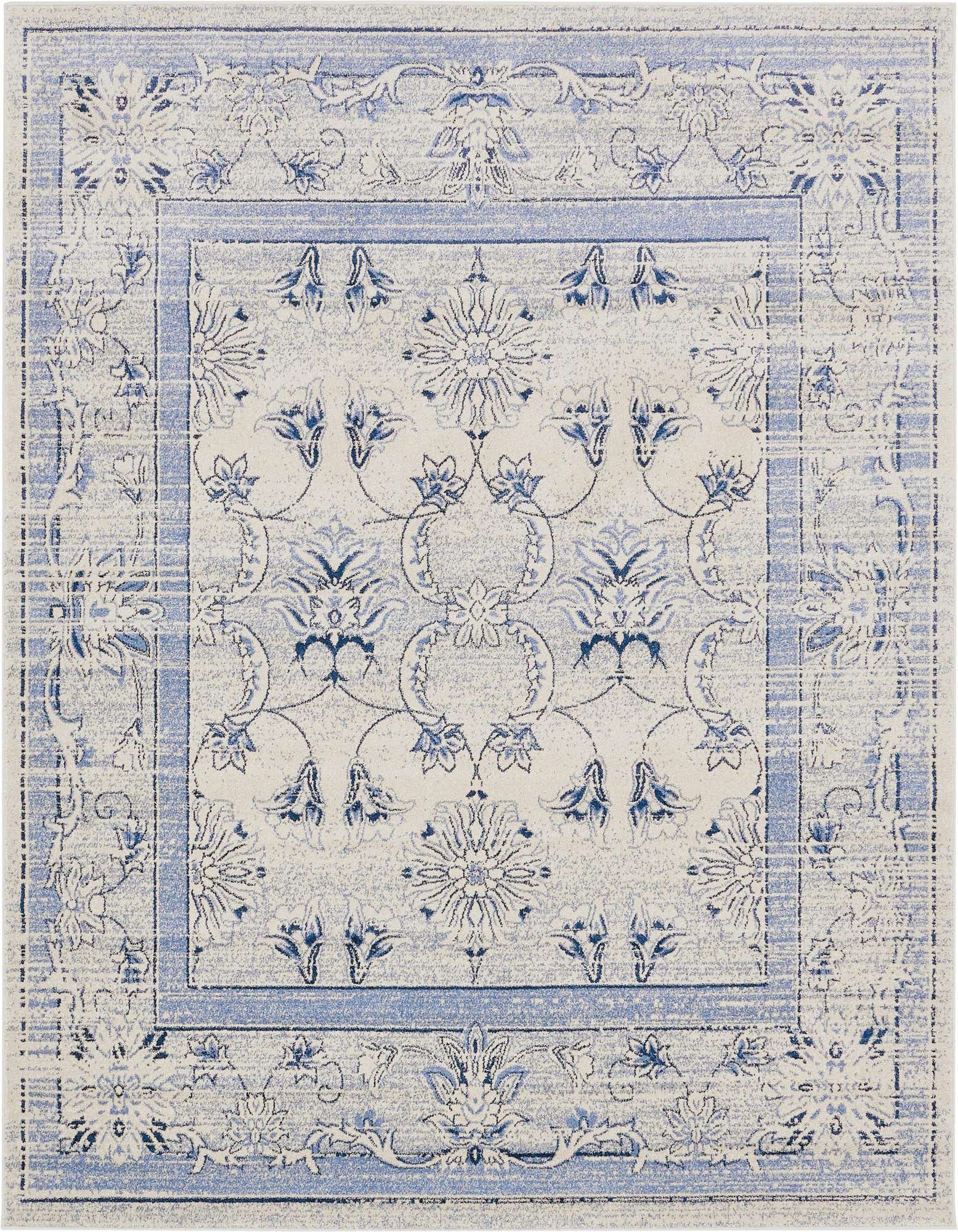 A square 7' 10 x 7' 10 Miranda rug featuring a traditional floral pattern in shades of blue, ivory, and cream.