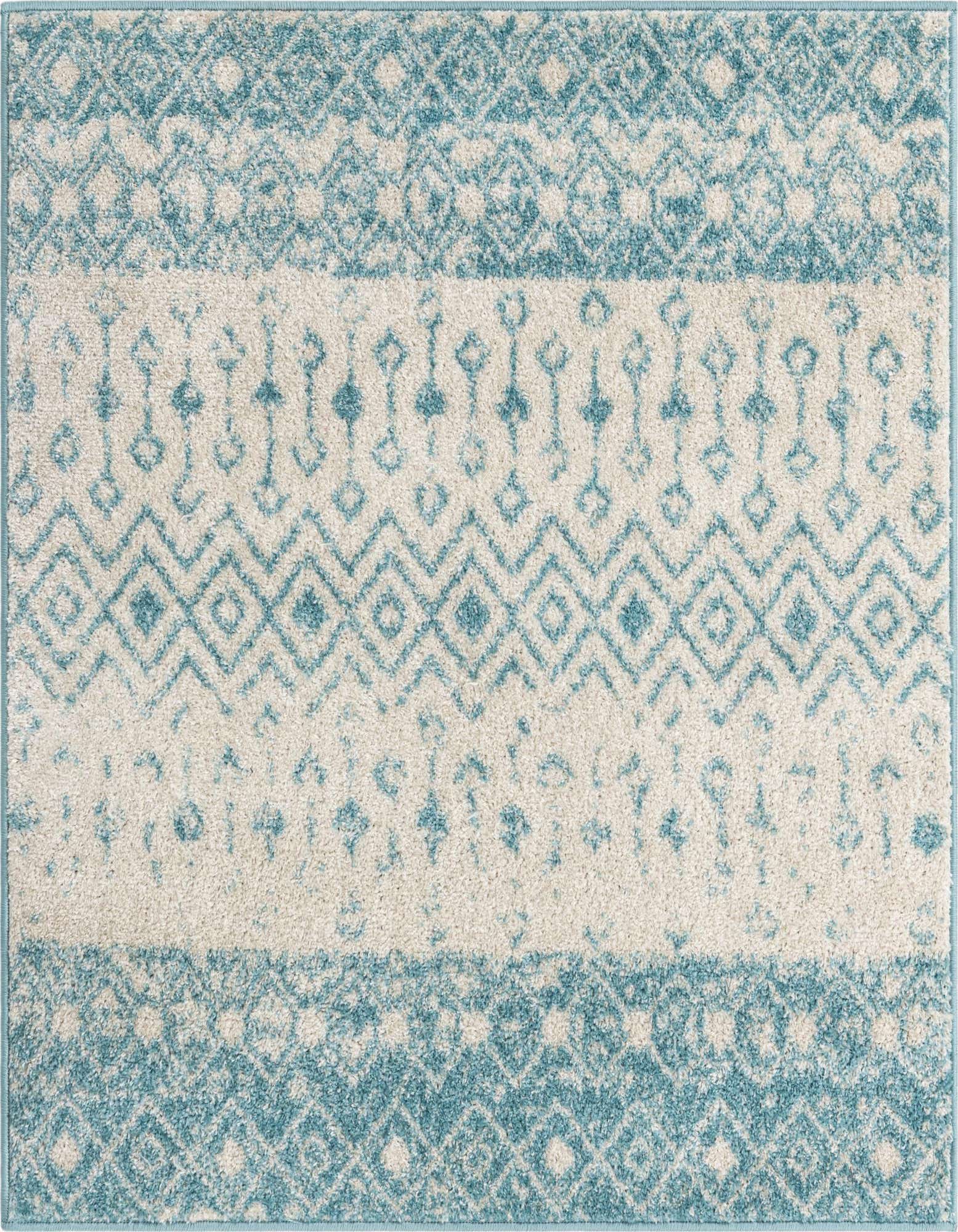 A square 4'x4' Moroccan Trellis rug in blues and ivories, featuring a bohemian tribal pattern.