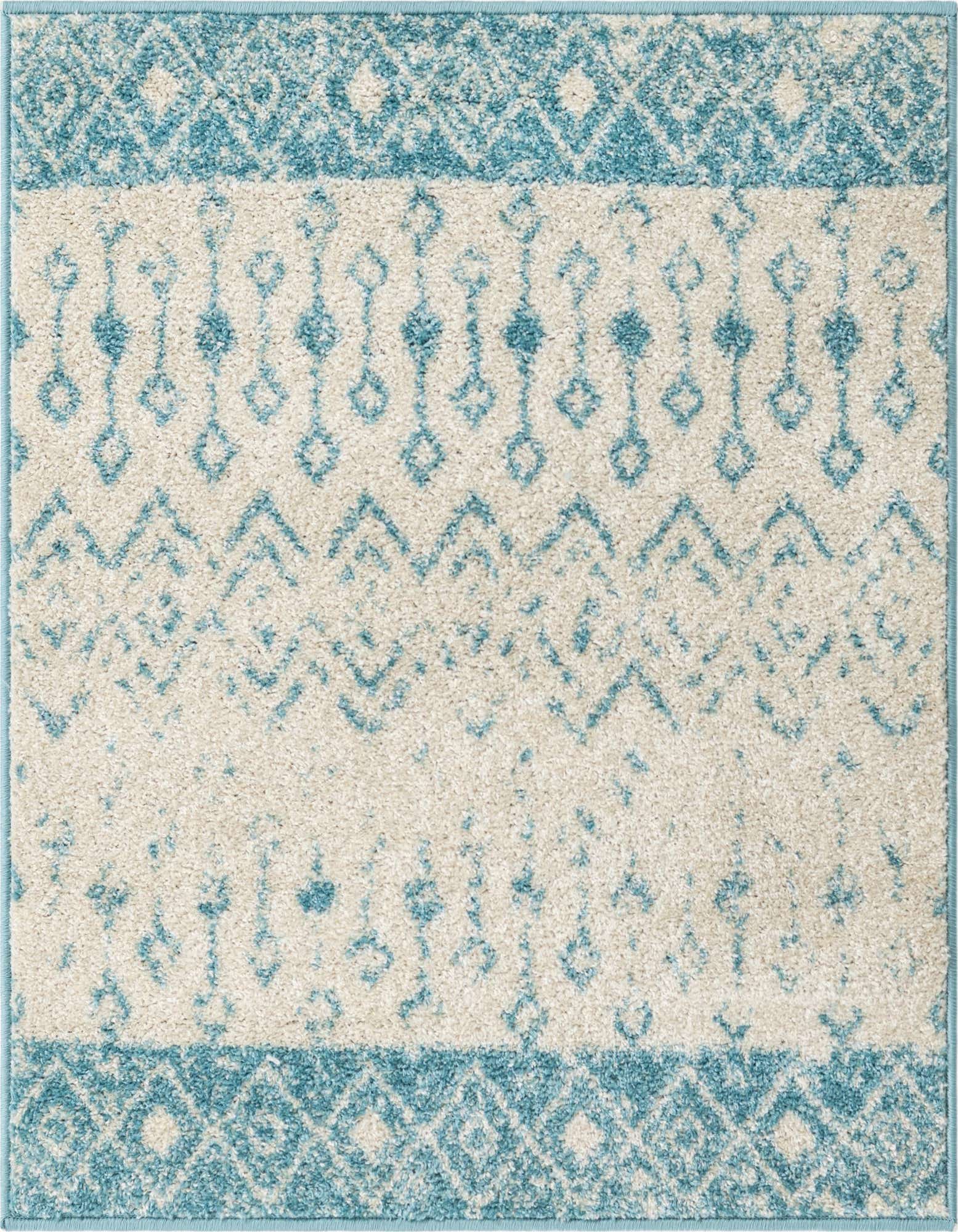 A 3'x3' square Rugs.com Moroccan Trellis rug in ivory and blue, featuring bohemian tribal patterns and a medium pile.