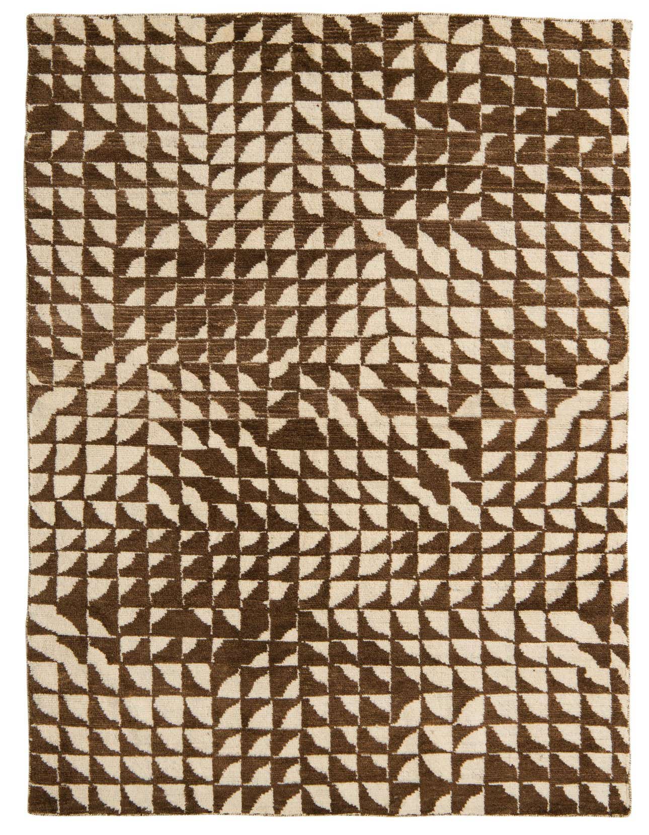 A 5x8 rectangular Darya rug with a modern abstract pattern in brown and cream, featuring a high pile.