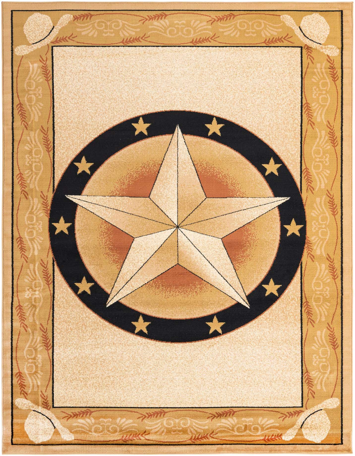 A 7x10 rectangular Pioneer Collection rug featuring a large central star medallion in browns and creams, surrounded by smaller stars and a rustic border with cowboy hats.