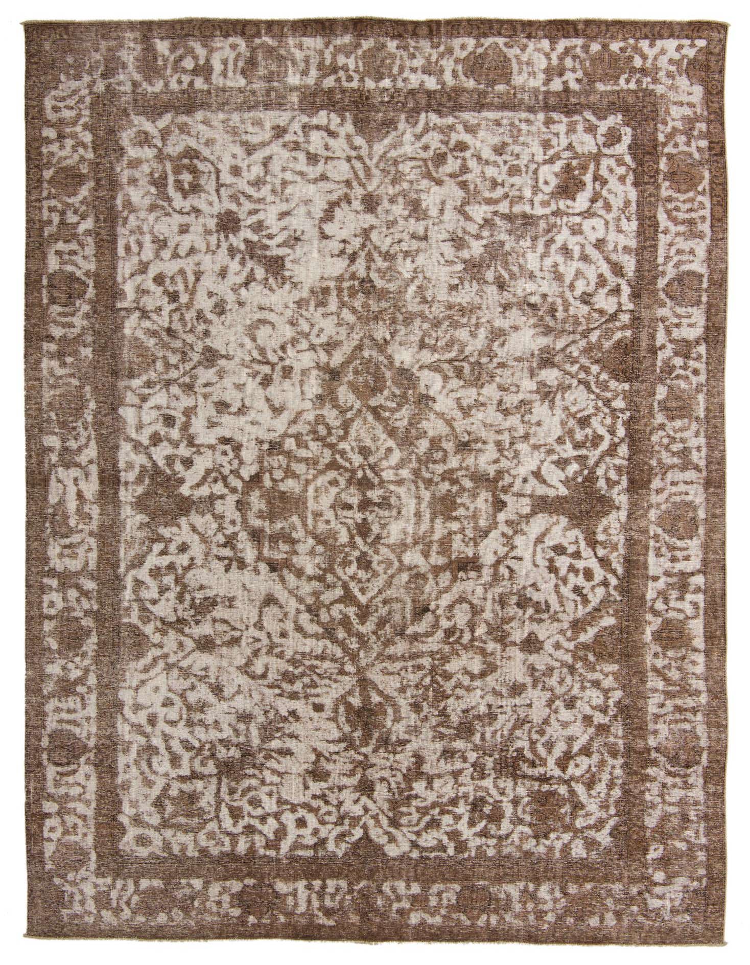 A 9x12 rectangular brown and ivory Persian-style wool rug with a distressed medallion pattern, ideal for a living room.