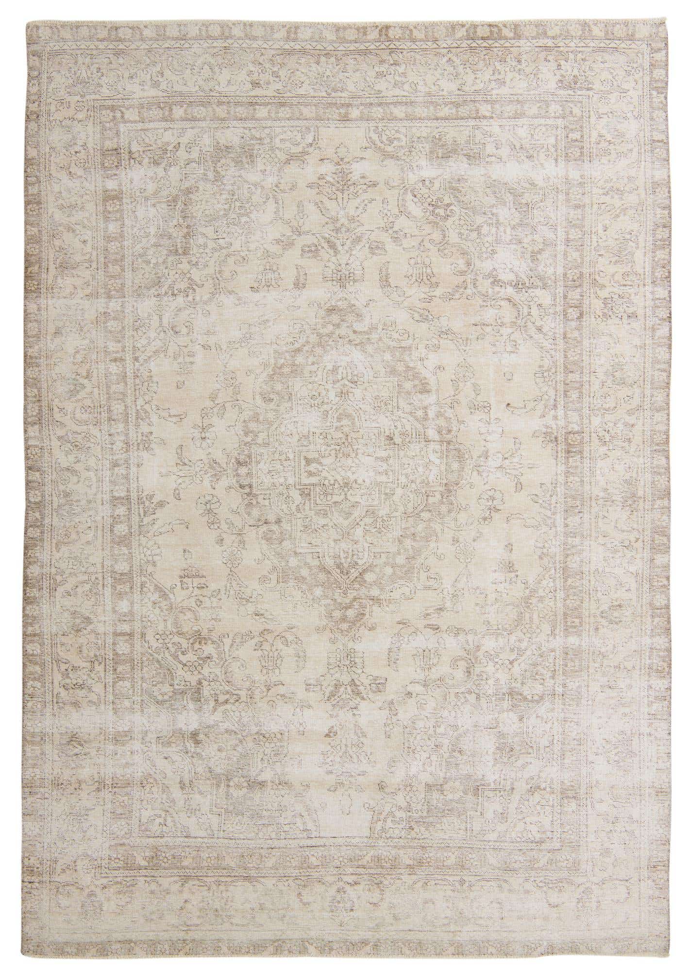 An 8x11 rectangular Ultra Vintage wool rug in shades of brown and cream with a faded Persian medallion pattern.