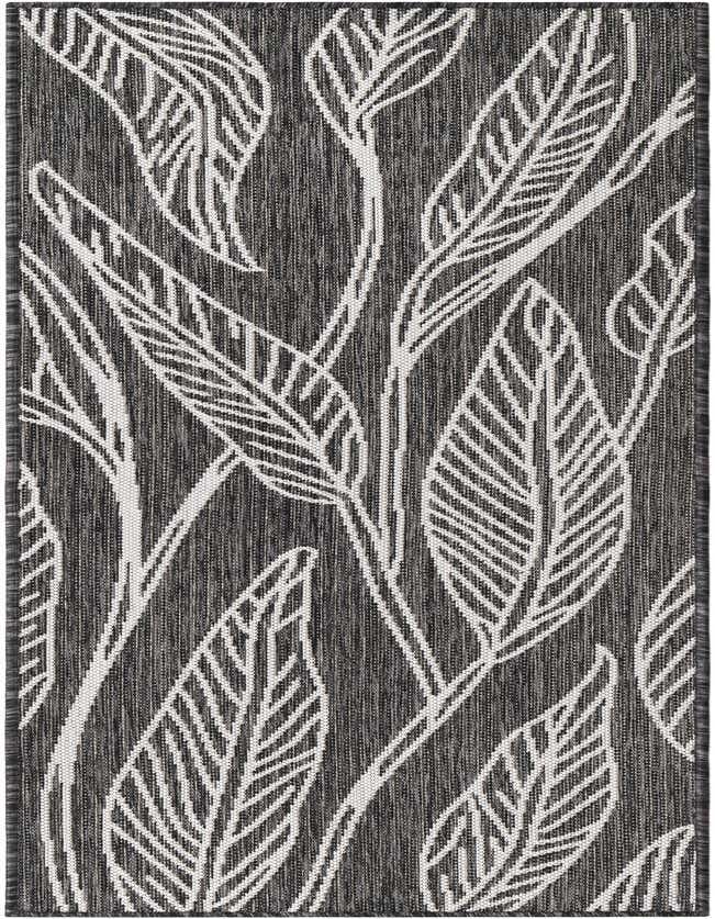 Ivory and charcoal runner rug with a modern botanical leaf pattern, suitable for indoor or outdoor use.