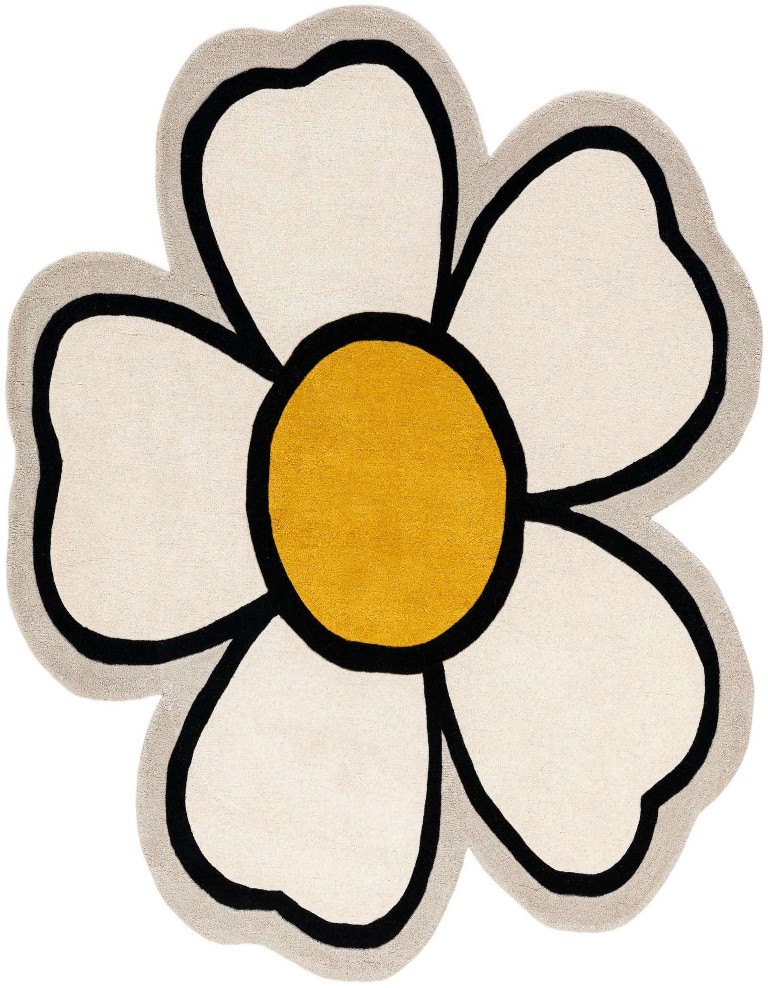 A 6'1" freeform floral rug with a cream and white petals, a yellow center, and black and gray outlines, perfect for a child's room.